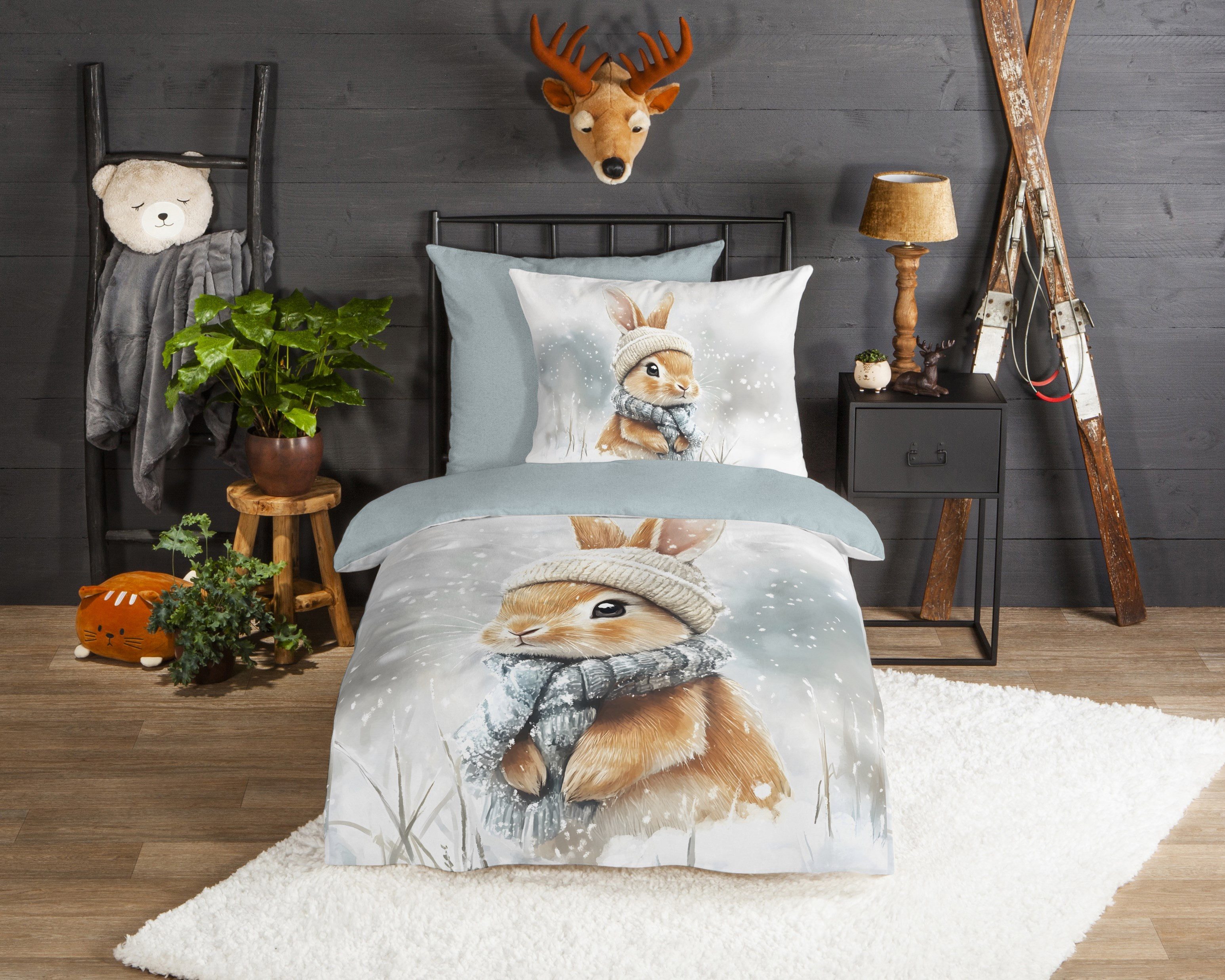 good morning Kinderbettwäsche Idun, Biber, Flanell, 2 teilig, Flanell Biber, 135x200, Warm, Reißverschluss, Wende, Kind, Hase