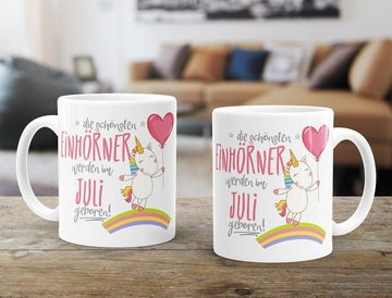 MoonWorks Tasse Geschenk-Tasse die schönsten Einhörner werden im Juli geboren MoonWorks® Geburtstags-Tasse einfarbig, Keramik