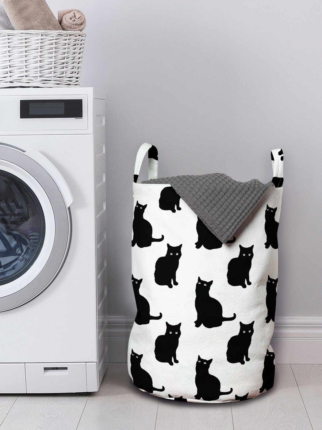 Abakuhaus Wäschesäckchen Waschsalons, Griffen Kätzchen Wäschekorb für Katze Kordelzugverschluss Schwarz, mit Spielerisch