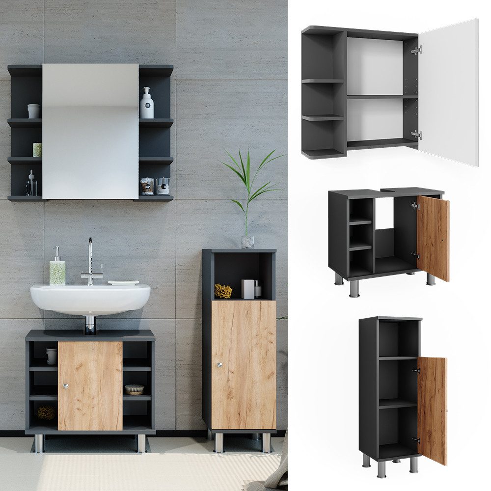 Vicco Badmöbel-Set Fynn, Anthrazit/Goldkraft Eiche, 3 Teile mit Midischrank, (3-St., 3er Set)