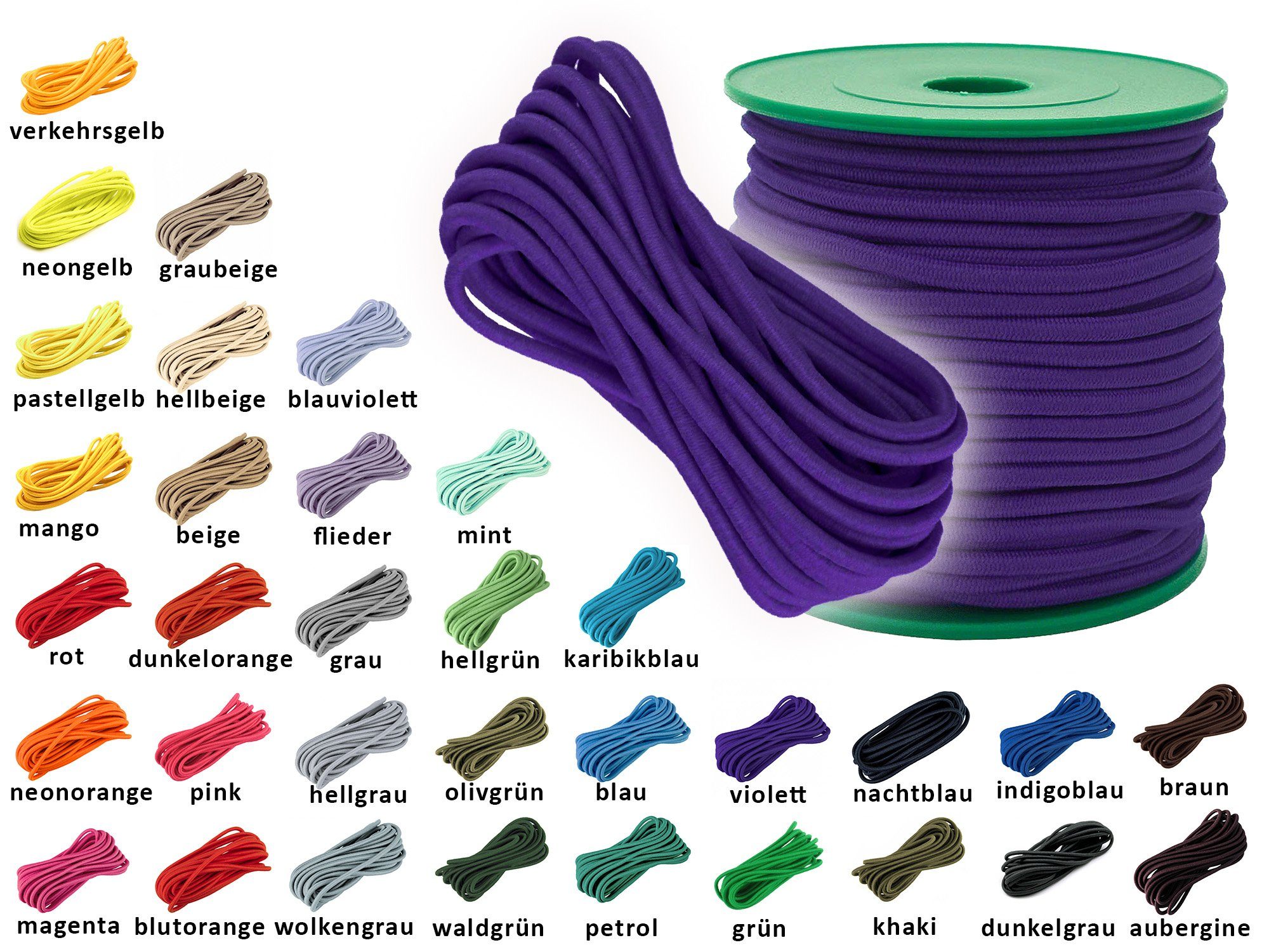 maDDma Gummiband 3m Gummikordel 3mm Rundgummi Gummischnur f. Bekleidung Gummilitze, dunkelviolett