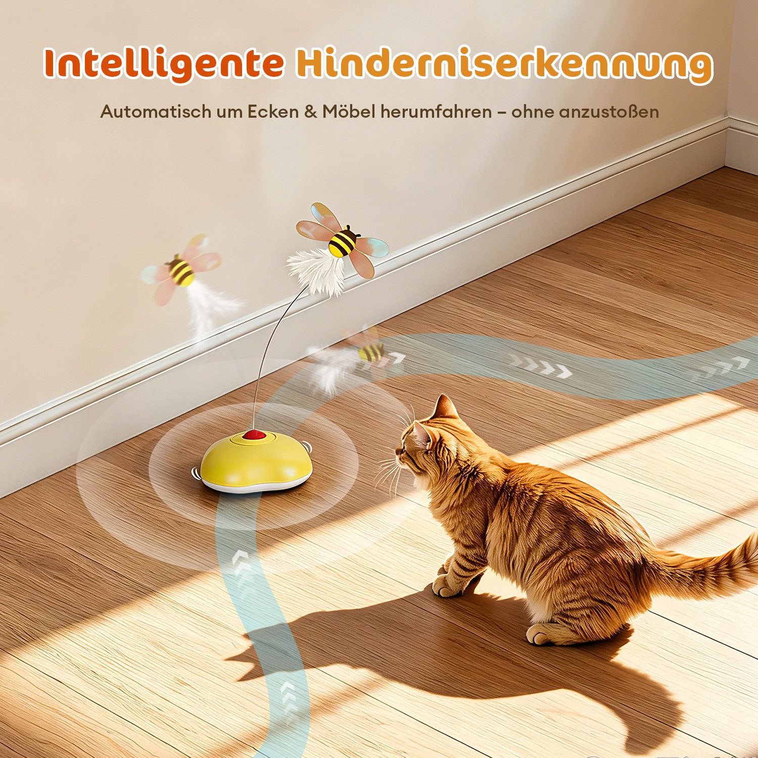 CkeyiN Tier-Intelligenzspielzeug elektrisches Interaktives Katzenspielzeug 3 Laufmodi, lebensmittelechtem ABS, Realistische Plüschbiene um 360° drehbar intelligenter Bewegungsbasis