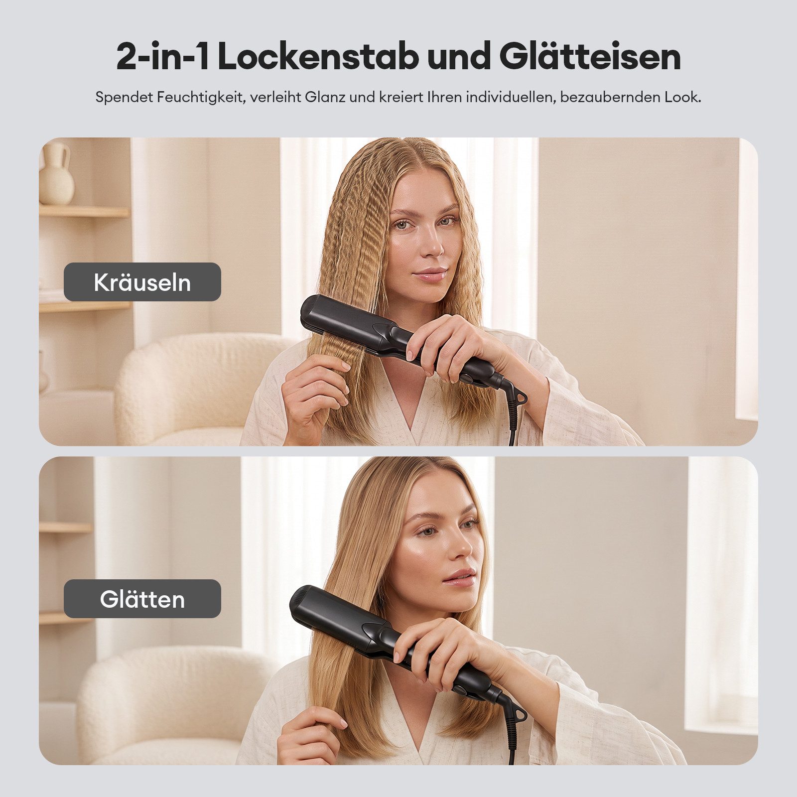 CkeyiN Pro Welleneisen Glätteisen Kreppeisen, 4-in-1-Haarglätter,Kreppeisen für Haare Keramik-Turmalin-Beschichtung, Austauschbaren Platten, 30 Sekunden Aufwärm – Bild 2 von 5