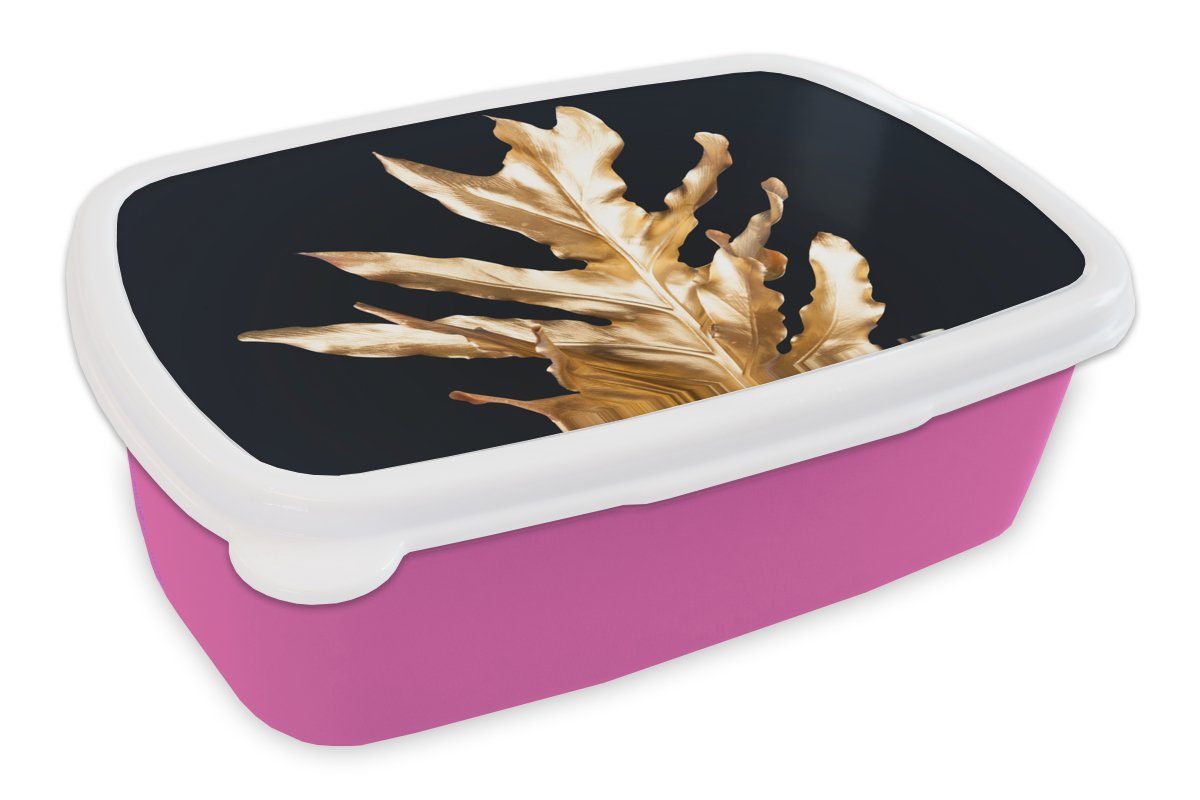MuchoWow Lunchbox Blätter - Gold - Herbst - Natur - Luxus, Kunststoff, (2-tlg), Brotbox für Erwachsene, Brotdose Kinder, Snackbox, Mädchen, Kunststoff rosa