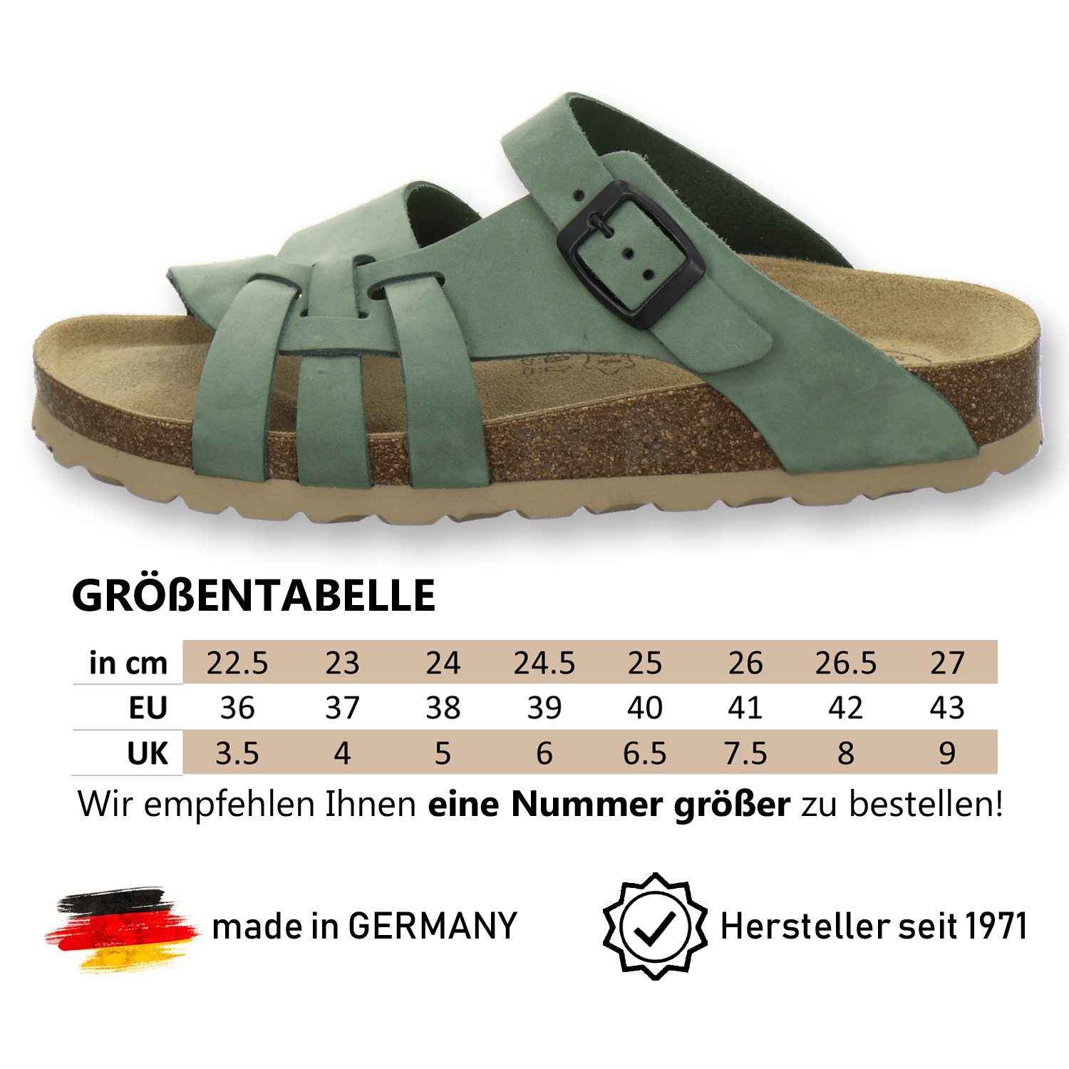 für Damen Germany verde Made mit AFS-Schuhe Fussbett, Leder aus in Nub. Pantolette 2122