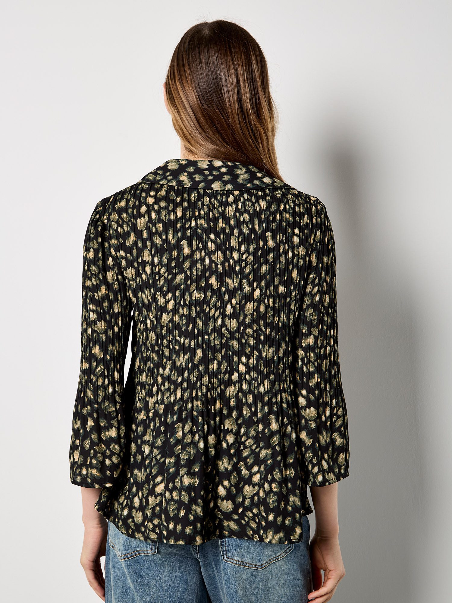 Apricot Chiffonbluse Abstraktes Chiffon-Plissee-Shirt mit Tierprint Plissee
