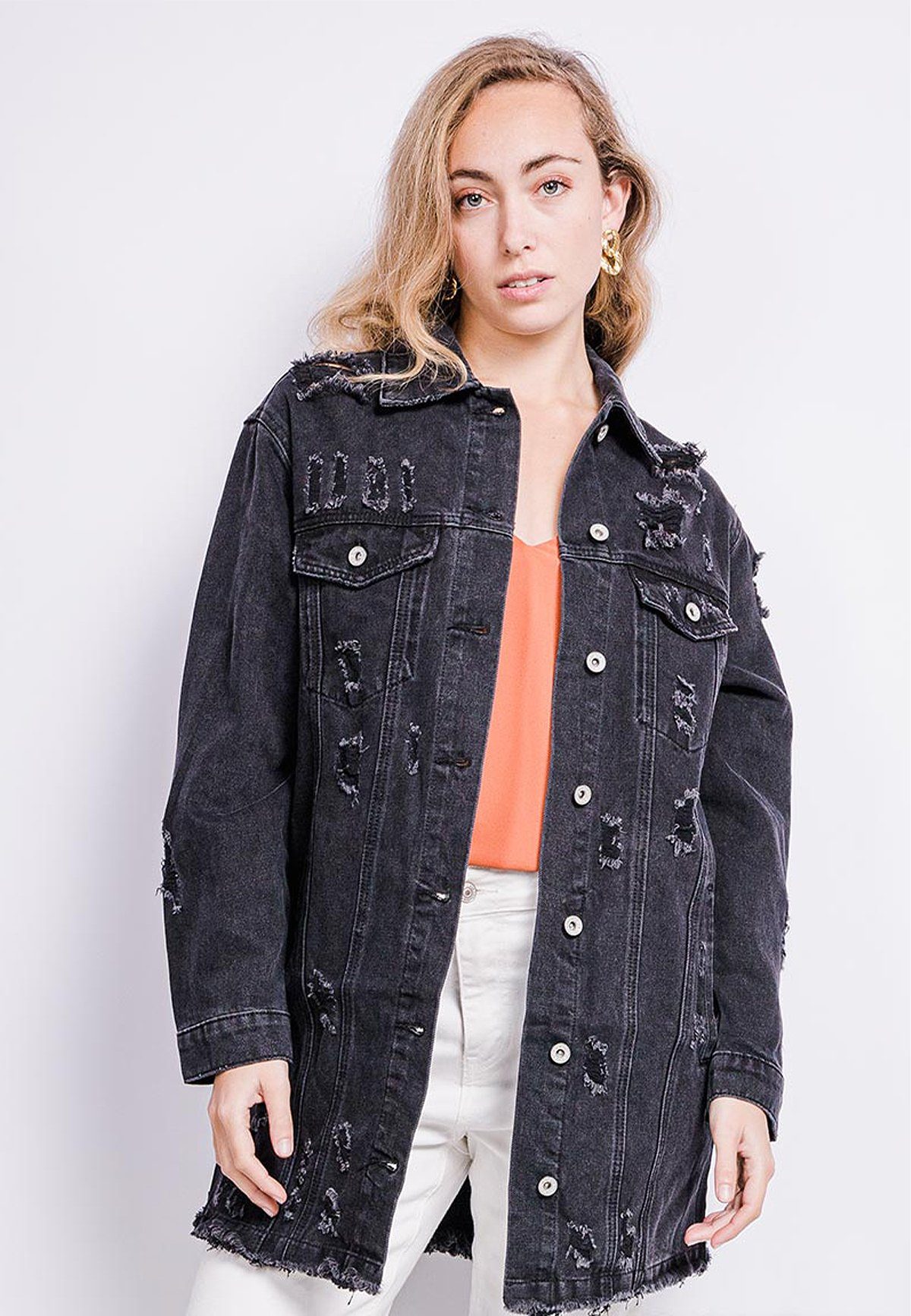 HELLO MISS Jeansjacke »Lange Denim Jeans Jacke mit Distressed Fransen  Design« 4095 in Schwarz online kaufen | OTTO