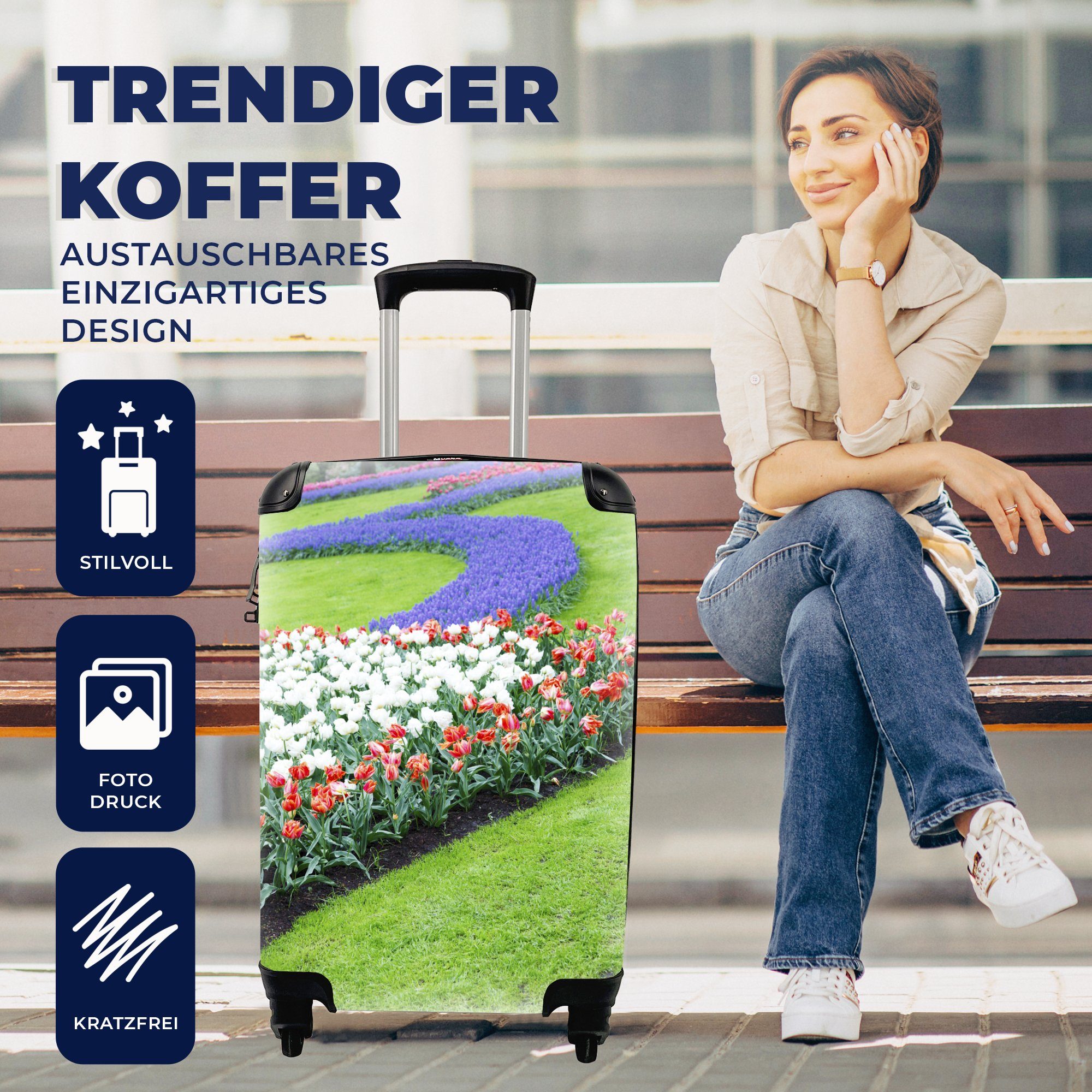 Ferien, dem Handgepäckkoffer Südholland, auf Trolley, Keukenhof 4 Handgepäck in Reisetasche MuchoWow mit Reisekoffer Rollen, für rollen, Blumenbeete