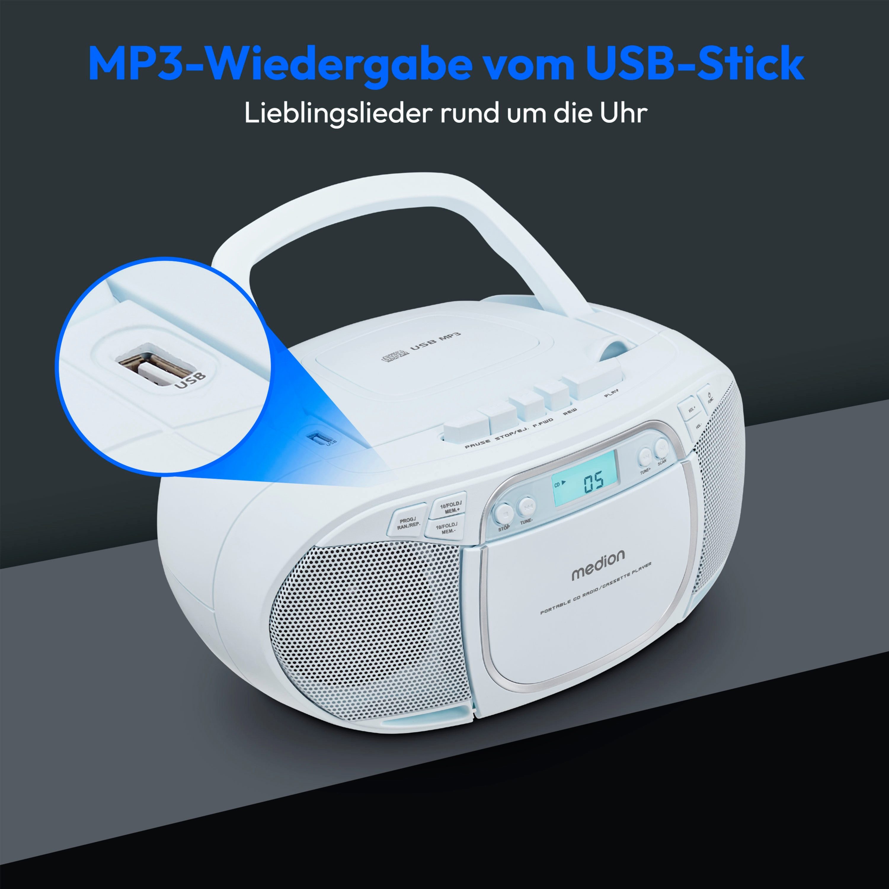 Medion® Kassetten Player (An/Aus Anzeige, Audiokassetten, AUX-Eingang, Batteriebetrieben, CD-Player, CD-R-Wiedergabe, CD-RW-Wiedergabe, FM-Radio, Digitalanzeige, Kassettenwiedergabe, USB, Tragbar, Stereo, Radio, MP3 CD-Wiedergabe, On/Off Switch, MW/UKW Radio, Netzbetrieben, Lautstärkeregelung, 2x 20W max., LC-Display, 30 Senderspeichern, USB)