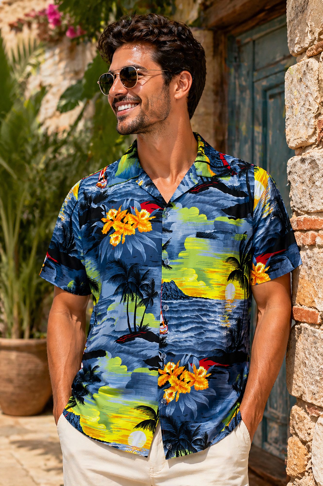 King Kameha Hawaiihemd "Surf" Funky Hawaii-Hemd Herren Kurzarm Front-Tasche Sommerhemd