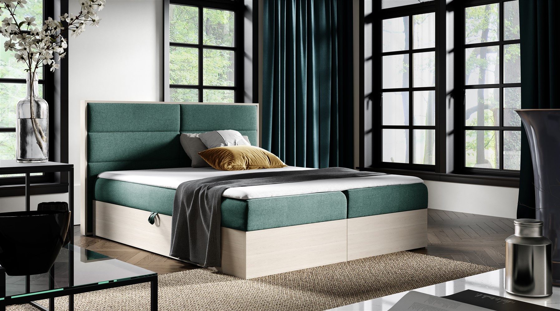 Boxbett Schlafzimmerbett LAMBROS in Stoff u. Nordic-Teak-Optik