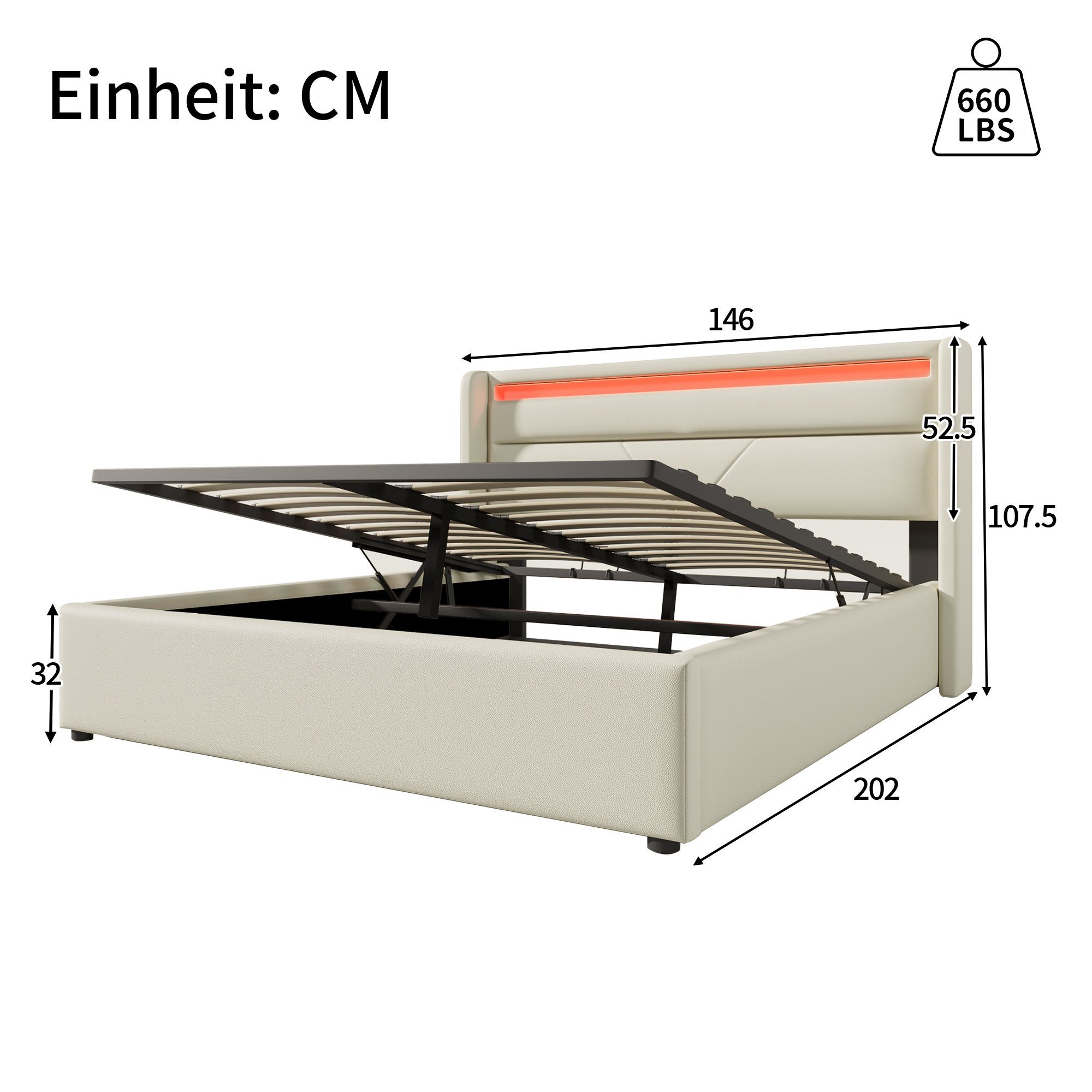 mit weiß Polsterbett LED-Beleuchtungsleiste, Hydraulisches Doppelbett 140 200cm × Ulife Stauraumbett