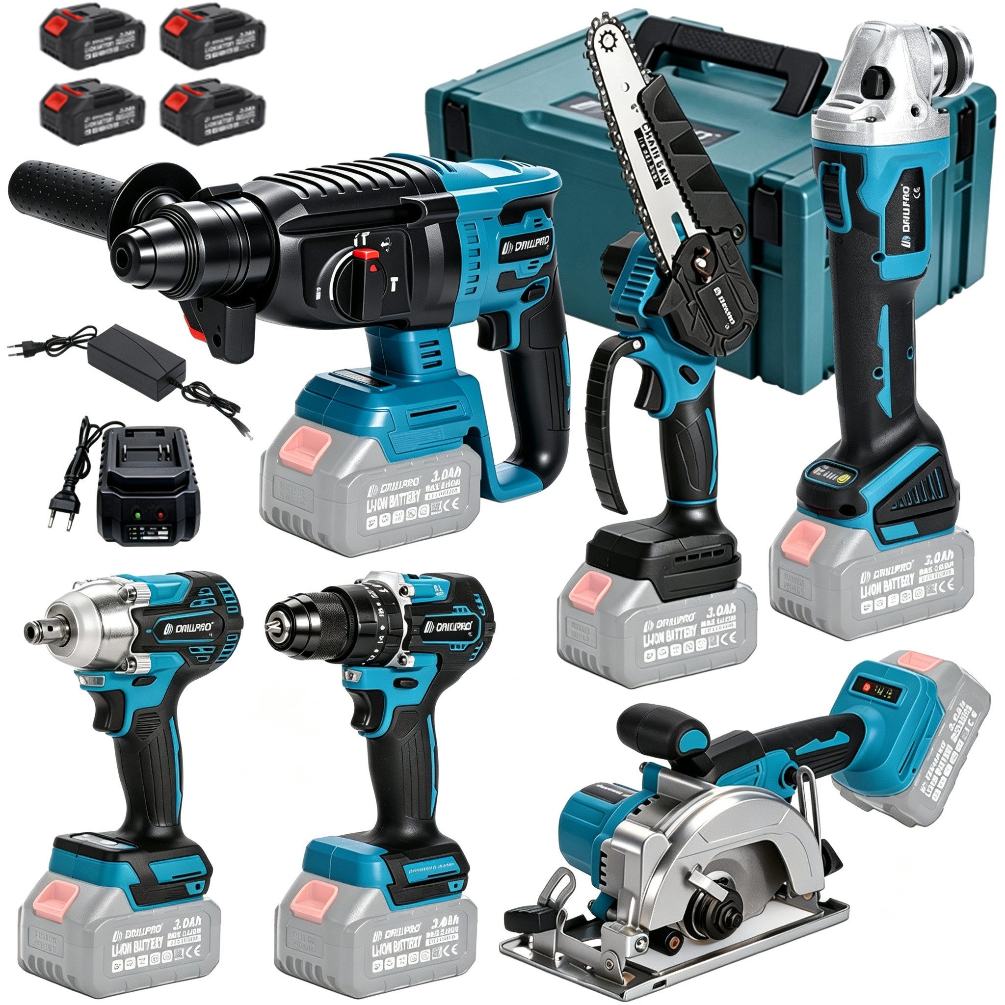 Insma Akku-Schlagbohrmaschine 6 IN 1 Multi Elektrowerkzeugsatz Bürstenlos 18V, (125mm Winkelschleifer, Schlagbohrmaschine, Schlagschrauber, Winkelschleifer, Handkreissäge, Bohrhammer), inkl. 4x Akkus, 2x Ladegerät und Koffer von Insma