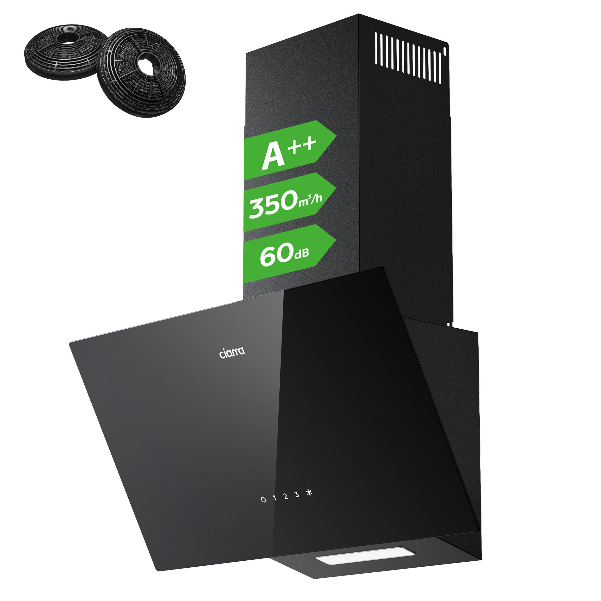 CIARRA Kopffreihaube 60 cm A++ 350m³/h Schräghaube leise Umluft & Abluft 3 Stufen VM6750CB 60 cm A++ 350m³/h Schräghaube leise Umluft & Abluft 3 Stufen VM6750CB, SensorTouch Kopffrei Dunstabzugshaube mit 2*Kohlefilter & LED Schwarz
