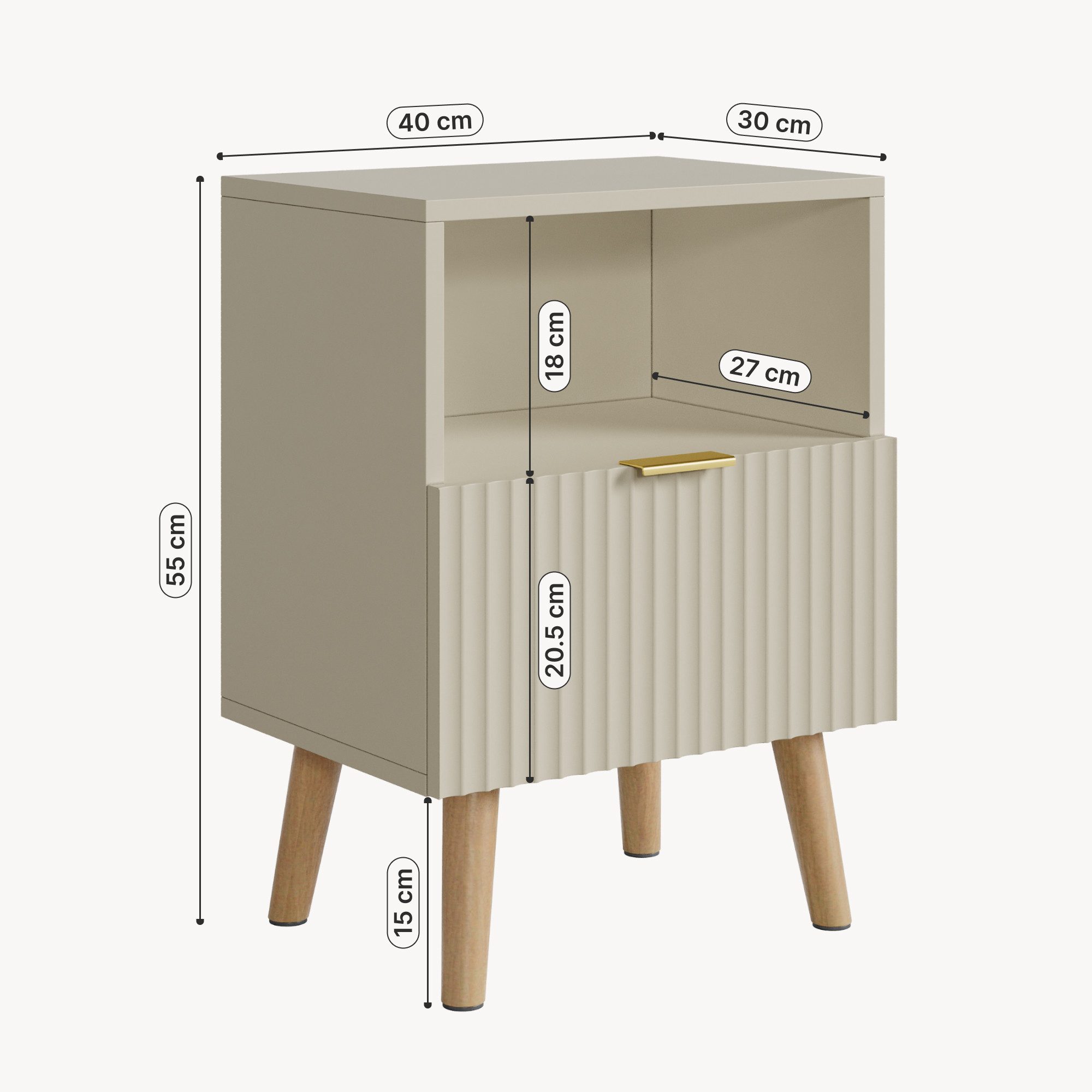 en.casa Nachttisch (1-St), »Nand« 1 Schublade 1 offenes Fach 55x40x30 cm Holzbeine Sandfarben