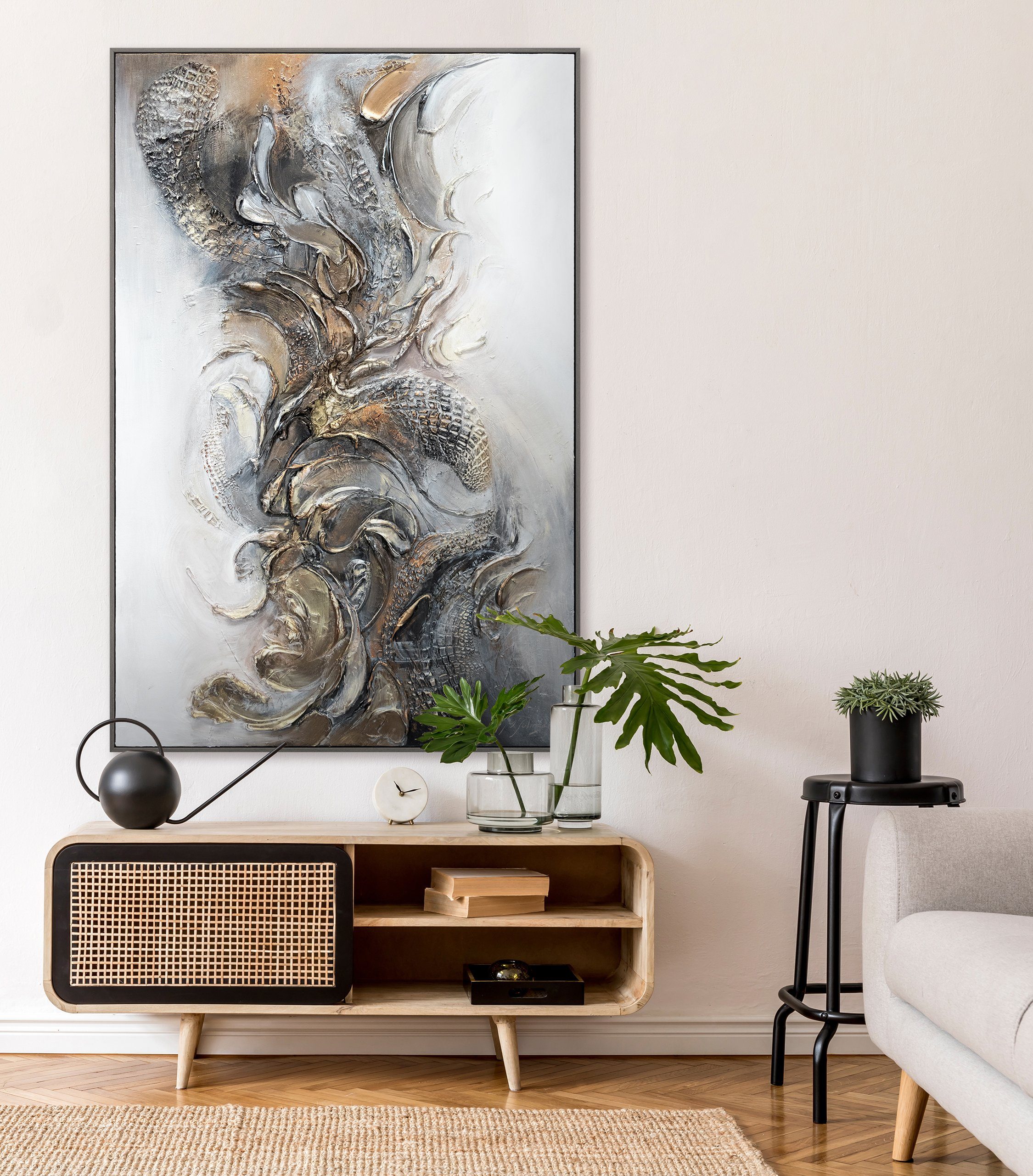 YS-Art Gemälde Melodie, Abstraktion, Gold Rahmen Abstrakt Leinwand Handgemalt Bild Vertikales mit