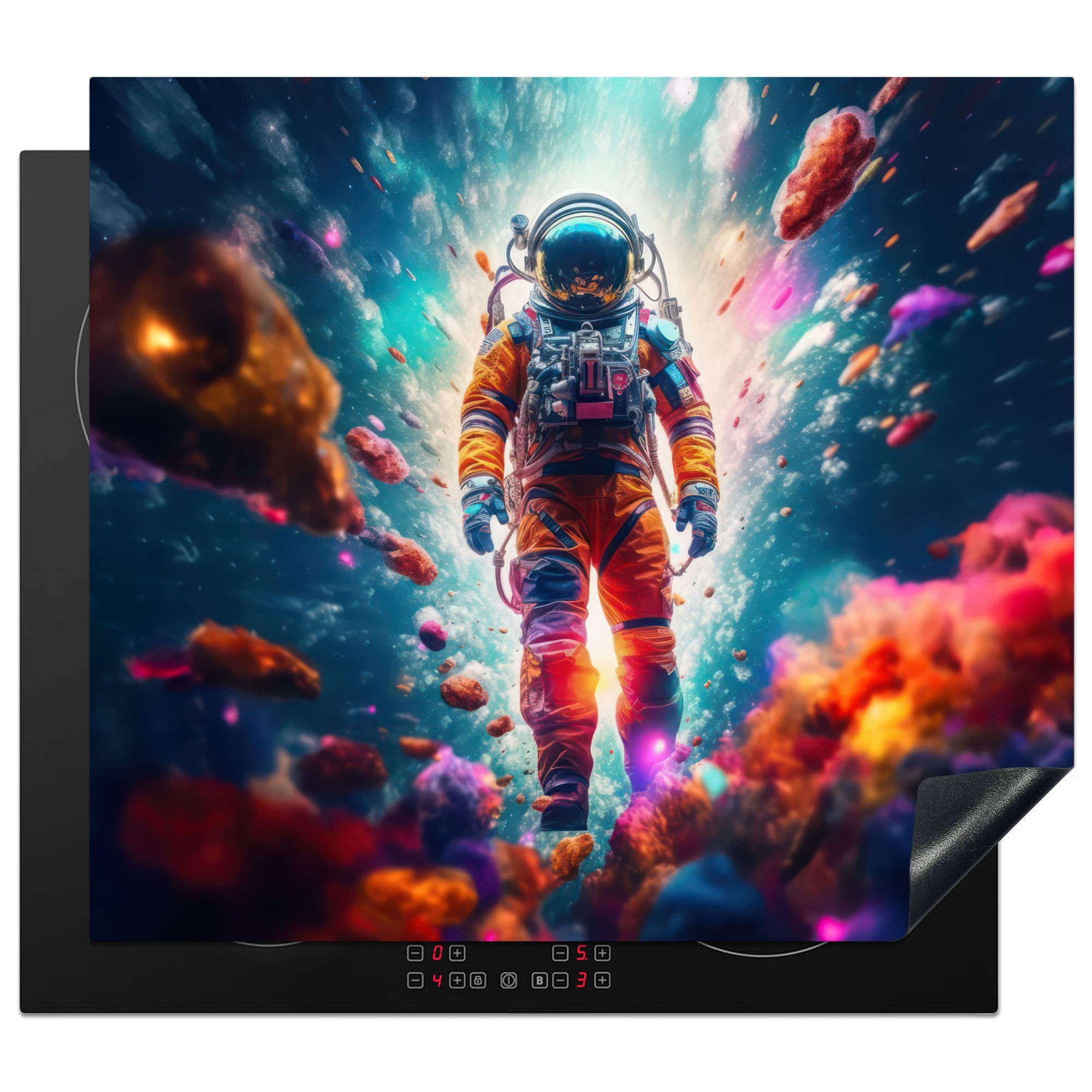 MuchoWow Herdblende-/Abdeckplatte Astronaut - Neon - Meteorit - Neon, Vinyl, (1 tlg), 60x52 cm, Mobile Arbeitsfläche nutzbar, Ceranfeldabdeckung