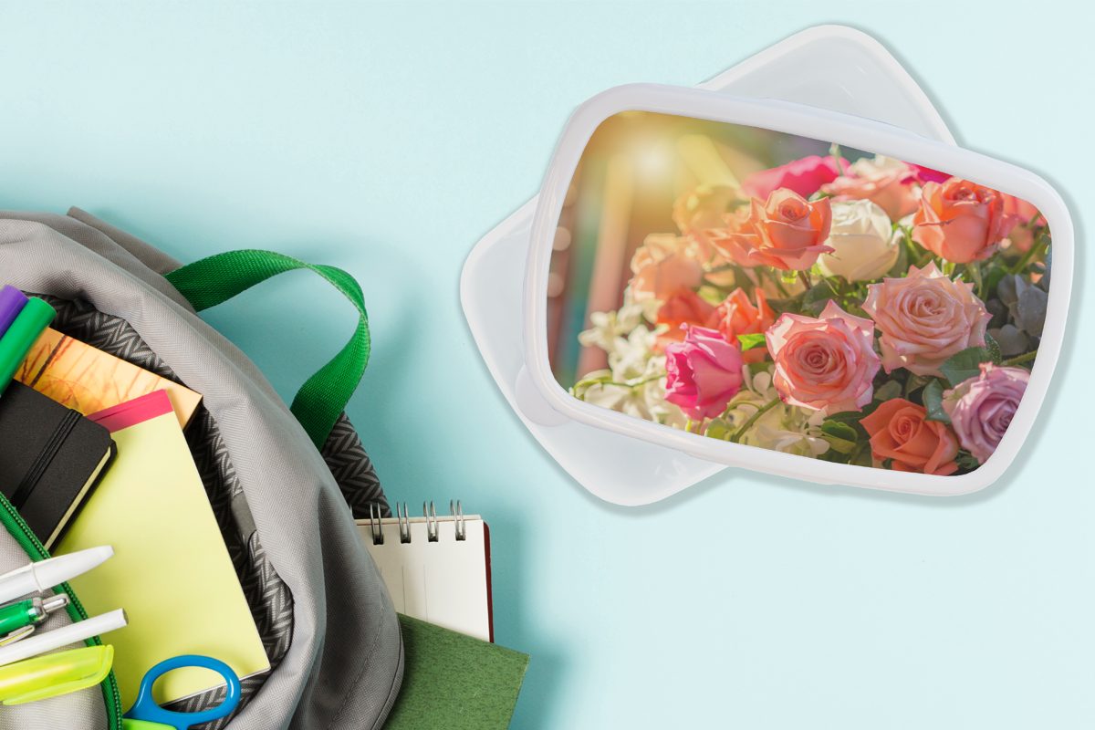 Farben, Kinder und und Lunchbox für Brotdose, Kunststoff, Mädchen Jungs weiß - Strauß - MuchoWow Erwachsene, (2-tlg), Brotbox für Rosen
