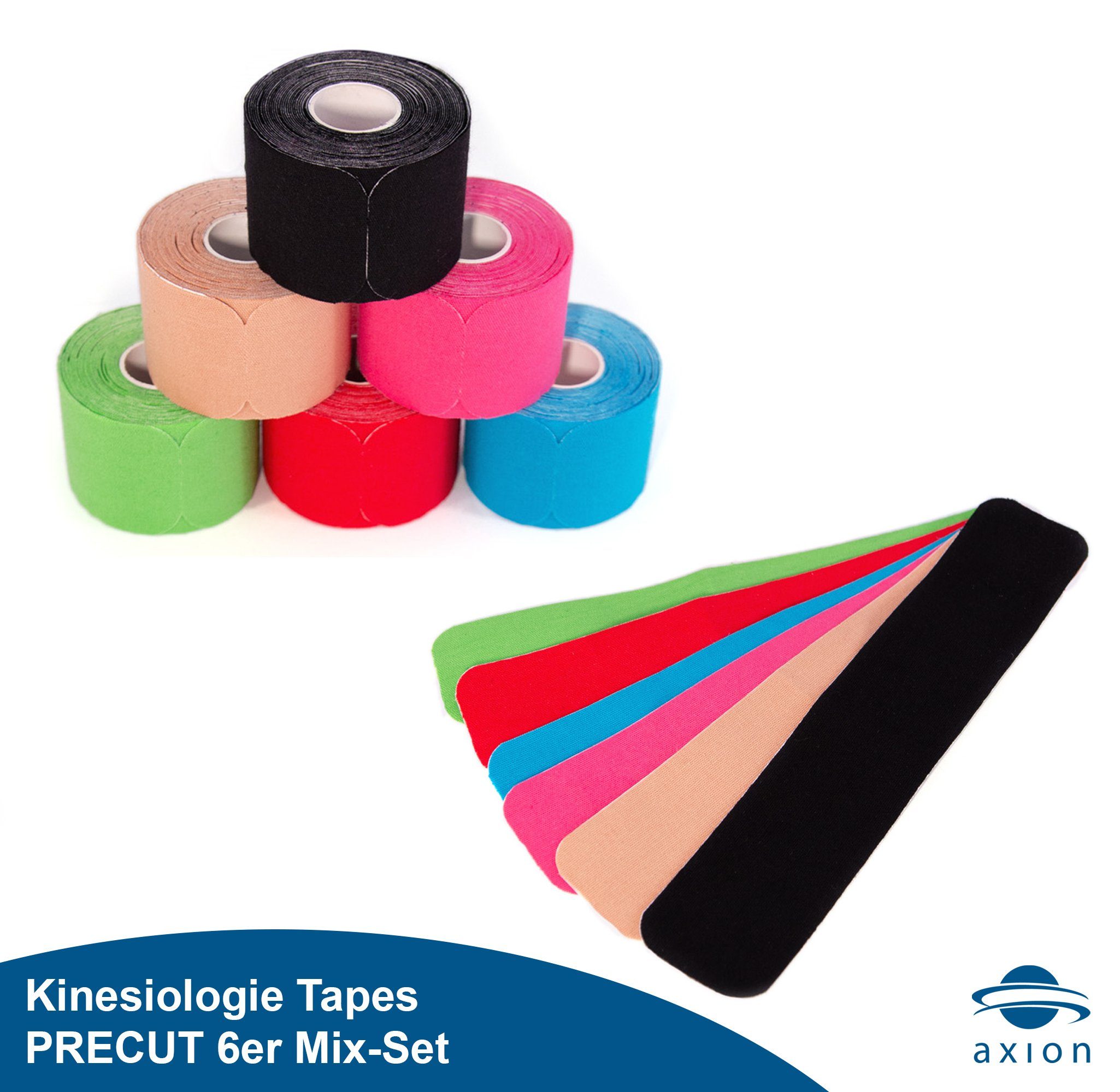 Axion Kinesiologie-Tape PRECUT 6er Mix-Set, je 20 vorgeschnittene Sport Tapes 25 x 5 cm (Set, 6-St) Kinesio-Tape selbstklebend • Wasserfest • hautfreundlich • elastisch