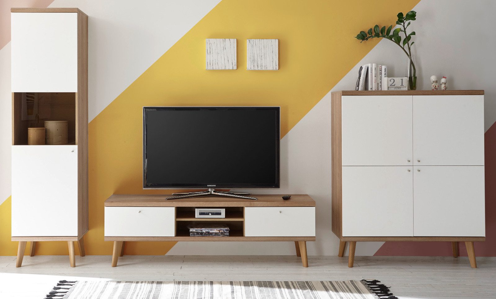 Furn.Design Wohnwand Helge, (in weiß und Eiche Riviera, 3-St., 337 x 197 cm), skandinavisches Design