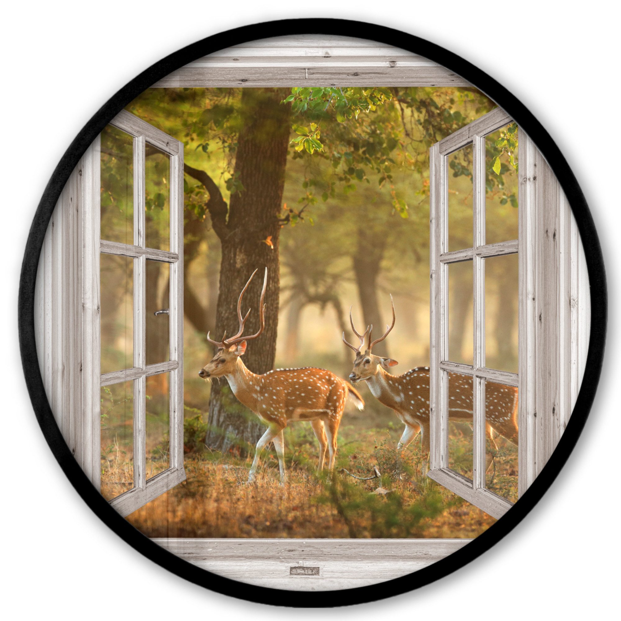 MuchoWow Poster Rund - Hirsche - Wald - Herbst - Waldtiere - Natur - Hirsche - Durchsc, (1 St), Runde Wandbilder, Deko für Wohnzimmer und Schlafzimmer, 40x40 cm
