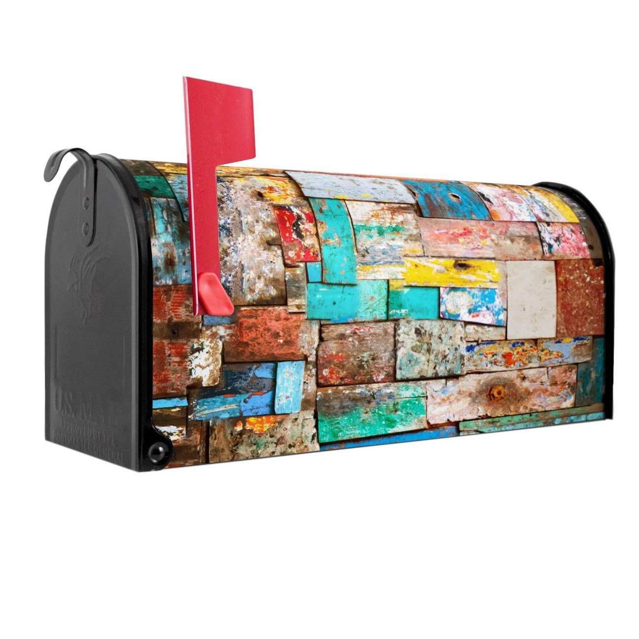 banjado Amerikanischer Briefkasten Mailbox Bunte Holzschindeln (Amerikanischer Briefkasten, original aus Mississippi USA), 22 x 17 x 51 cm schwarz