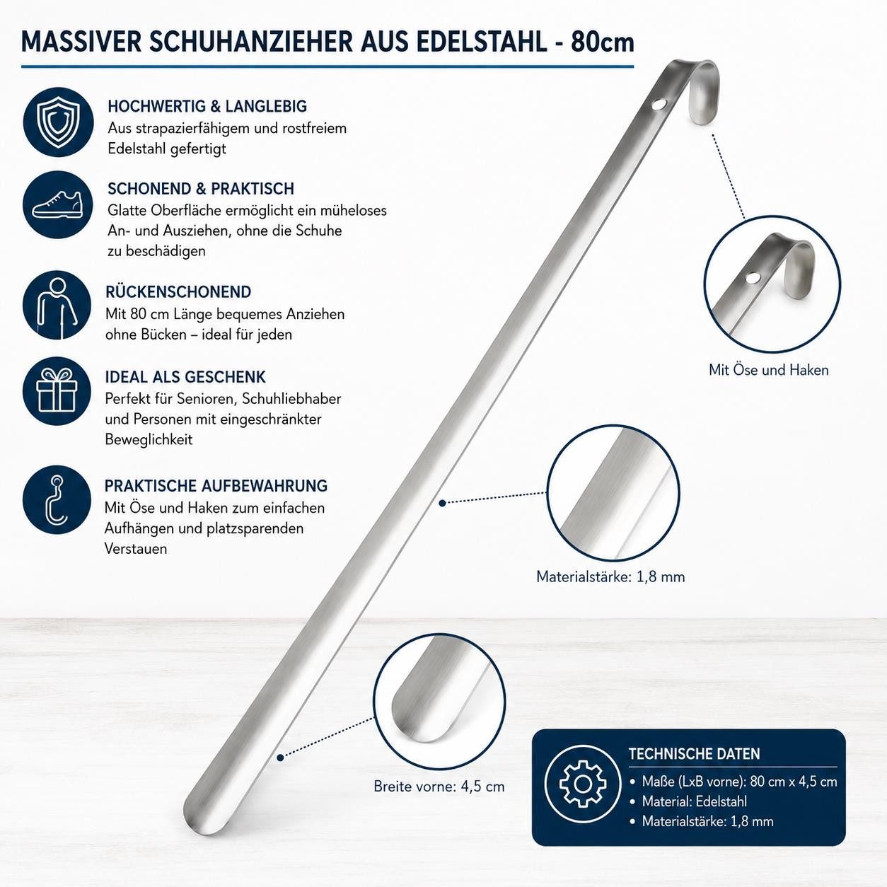 BAYLI Schuhlöffel Bayli 80cm Schuhlöffel aus Edelstahl, Schuhanzieher Extra Lang