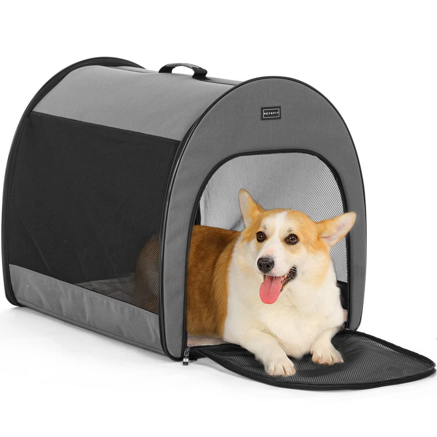 LuxusKollektion Hunde-Transportbox Hundebox faltbar tragbar Plüschkissen Reißverschluss Grau M