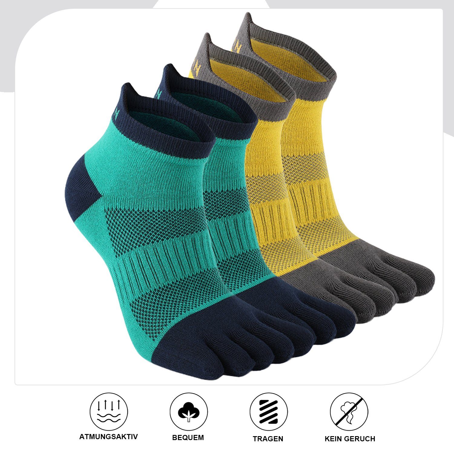 2 + Grün Toe Paare Zehensocken Paw Gelb Sportsocke Daisred 38-43 zehenfreie Socken