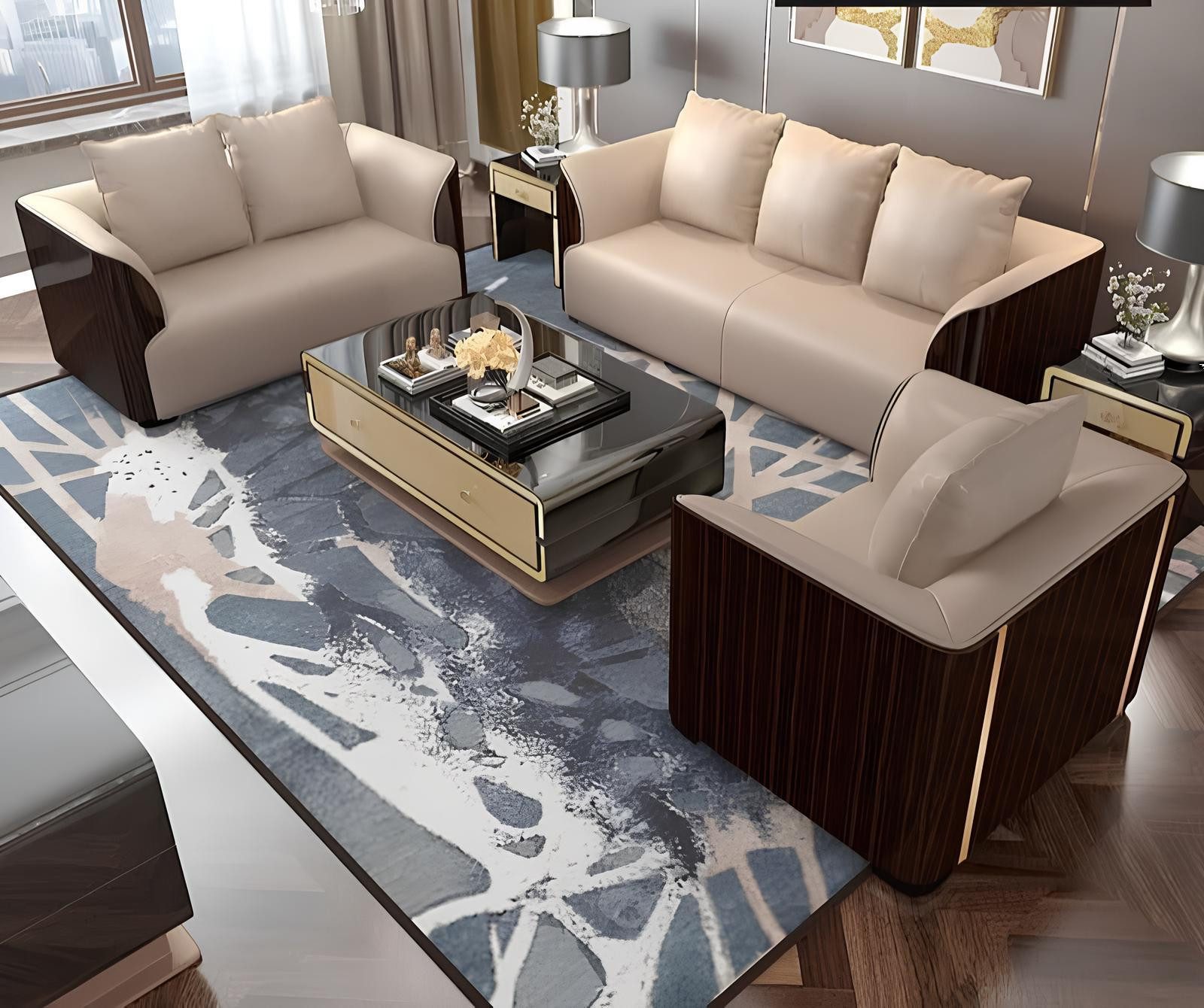 Xlmoebel 3-Sitzer Elegantes Sofa aus Holz und Leder mit großzügigen Sitzflächen, 1 Teile, Hergestellt in Europa