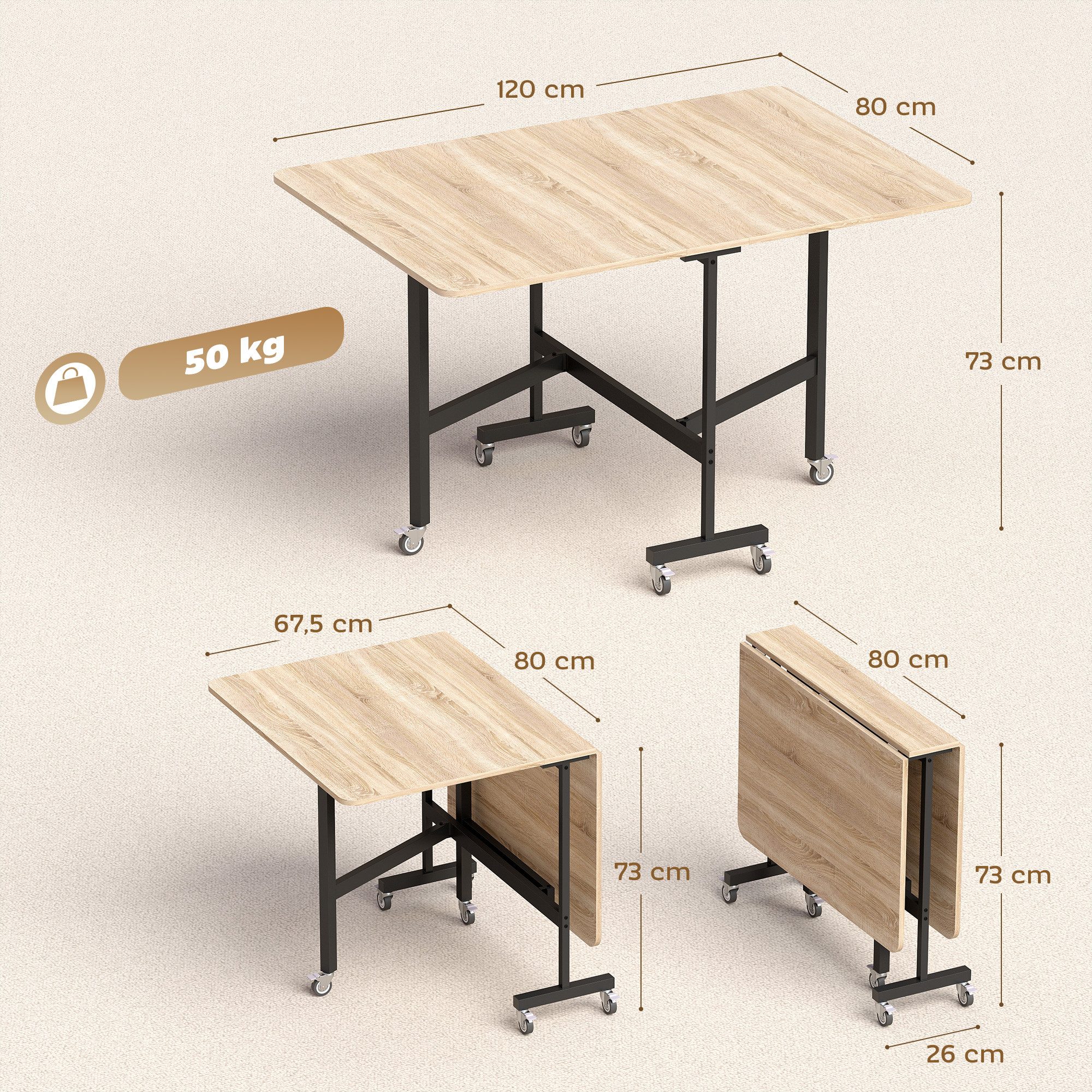 HOMCOM Klapptisch Esstisch Küchentisch für 4-6 Personen, Stahlbeine (Set, 1-St., 1 Tisch), Platzsparend, klappbar, mit Rollen