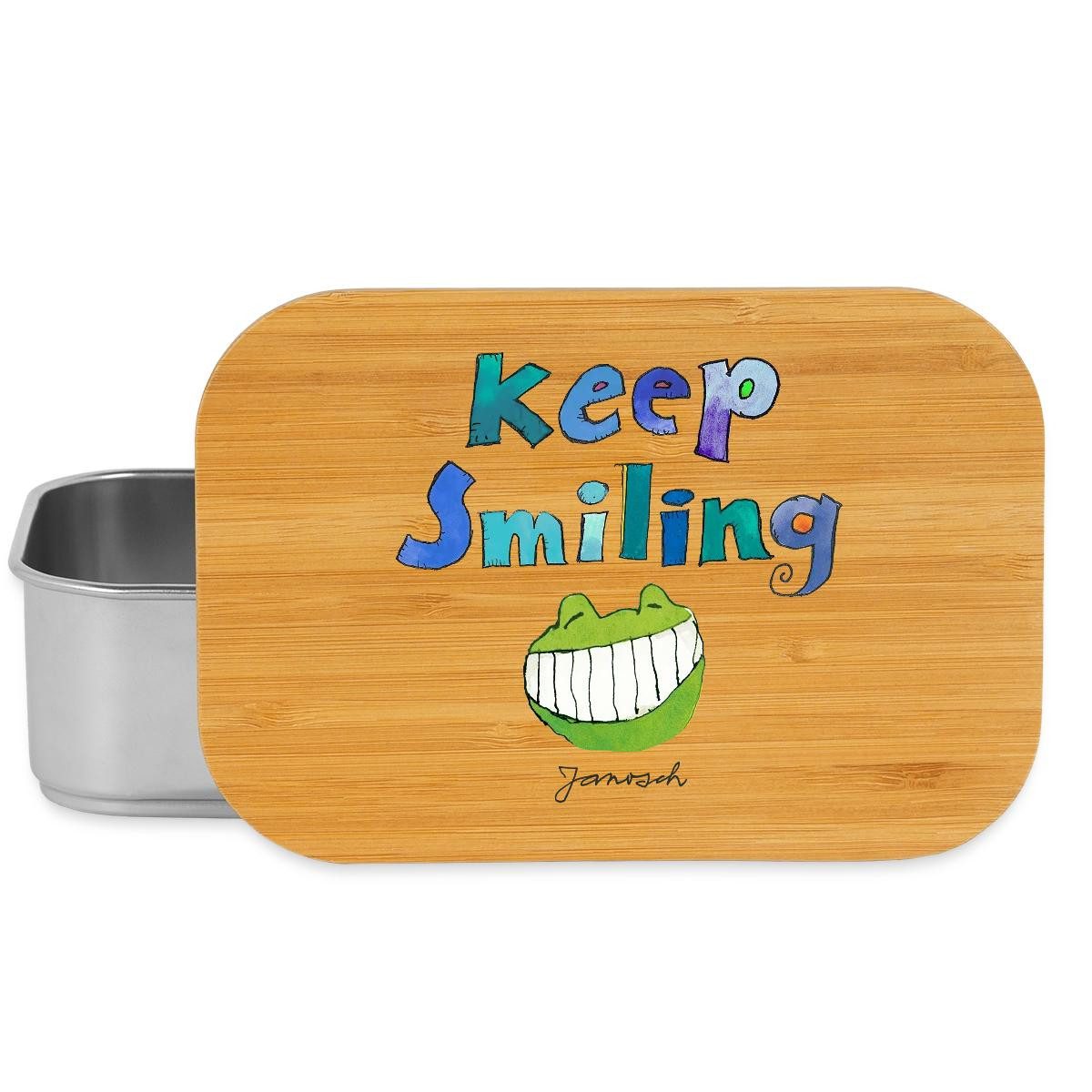 Spreadshirt Lunchbox Janosch Keep Smiling Günther Kastenfrosch Brotdose mit Bambusdeckel, Edelstahl, Bambus