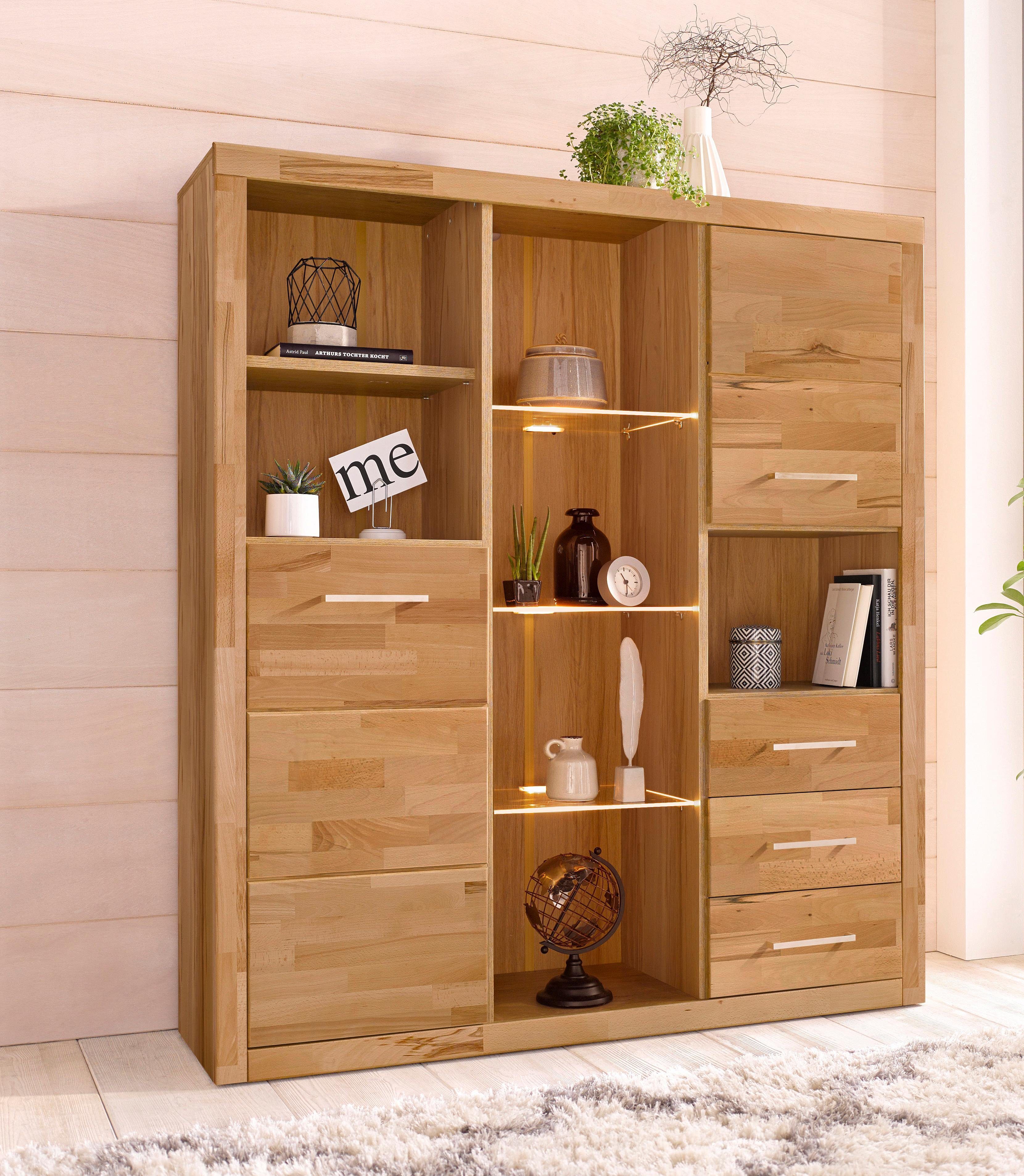 OTTO home Highboard Ribe,130cm breit145cm hoch,Fronten Massivholz,12 Fächer, Korpus aus Holzwerkstoff, Metall Griffe,Böden versetzbar