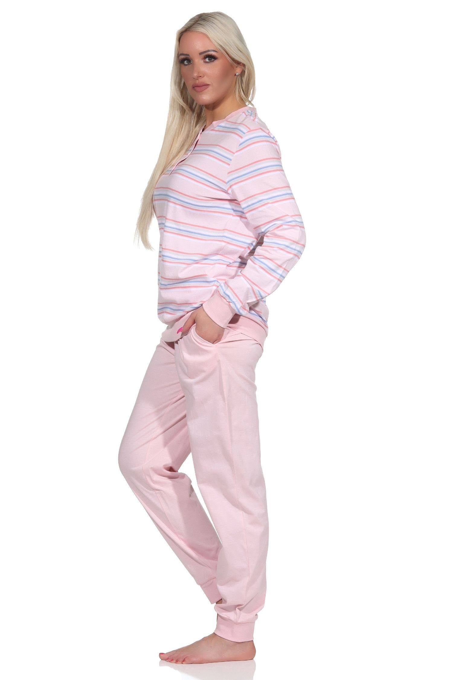 Normann Pyjama Damen Schlafanzug langarm in mit rosa Bündchen Pyjama Look pastellfarbenen