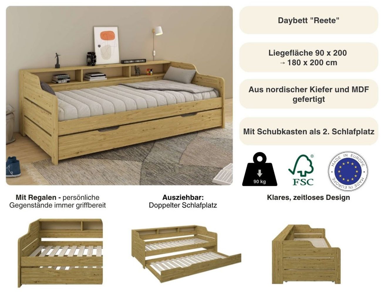 OTTO home Daybett "REETE1", Stauraum, Funktionsbett, Kinderbett, inklusive Schubkasten, mit Regalen, FSC® zertifiziertes Massivholz (Kiefer), Landhausstil