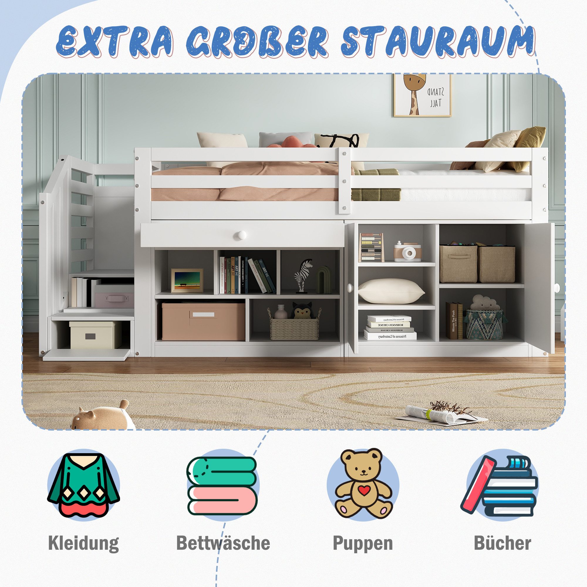 Flieks Hochbett Massivholz Kinderbett mit Schrank, Treppe und Leiter 90x200 günstig online kaufen
