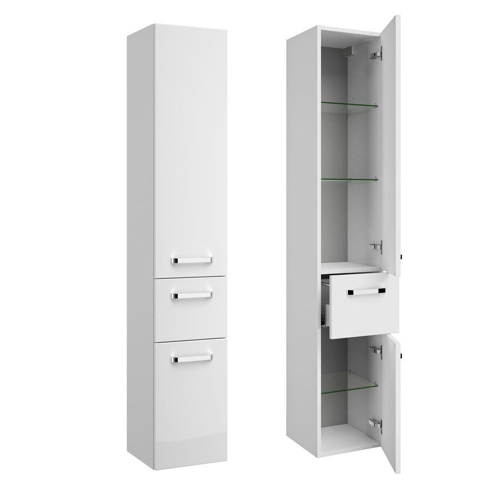 Lomadox Hochschrank FES-4010-66 Badezimmer in weiß glänzend mit Soft-Close - B/H/T: 30/168/33cm