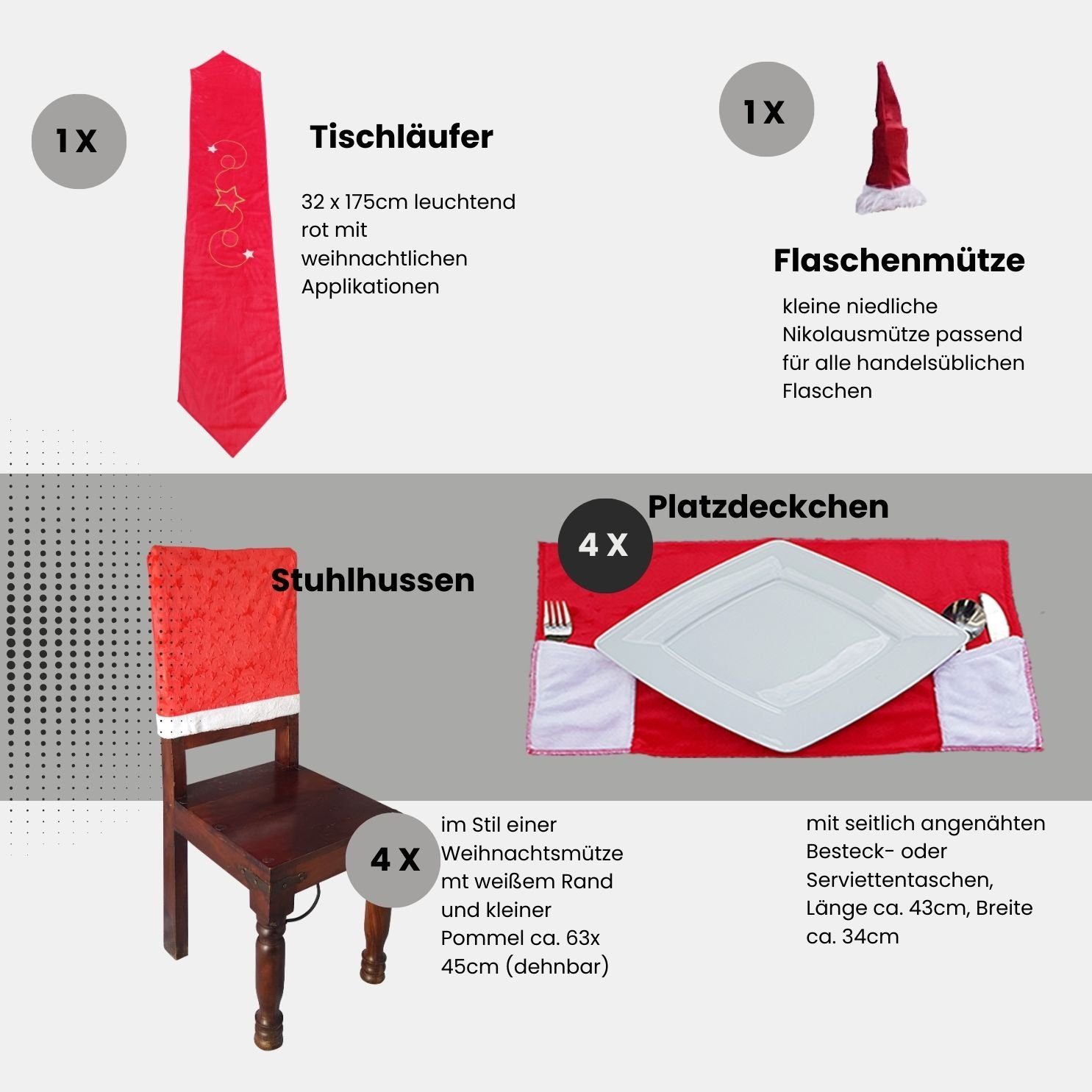 rot Stuhlhusse Weihnachtsessen, Tischläufer in Berlinsel, Weihnachtsdeko 10tlg., fürs bzw. zur weihnachtliches Tischset, Platzdeckchen als