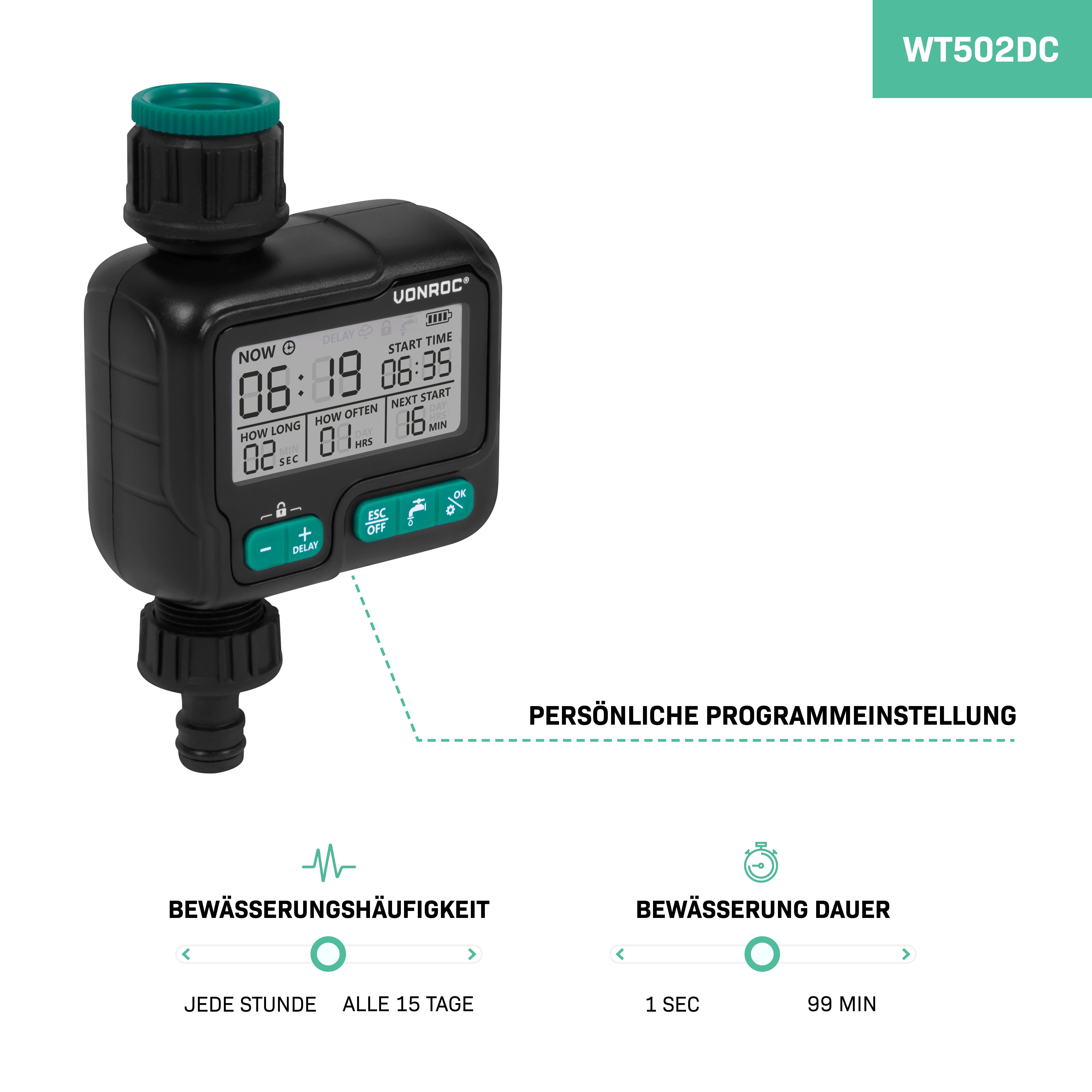 VONROC Bewässerungssteuerung - Wasser-Timer - Automatisches Bewässerungssystem – Breites, (einstellbares Intervall und Dauer: 1 Stunde), bis 15 Tage/1 Sekunde bis 99 Minuten – IPX5 wasserdicht