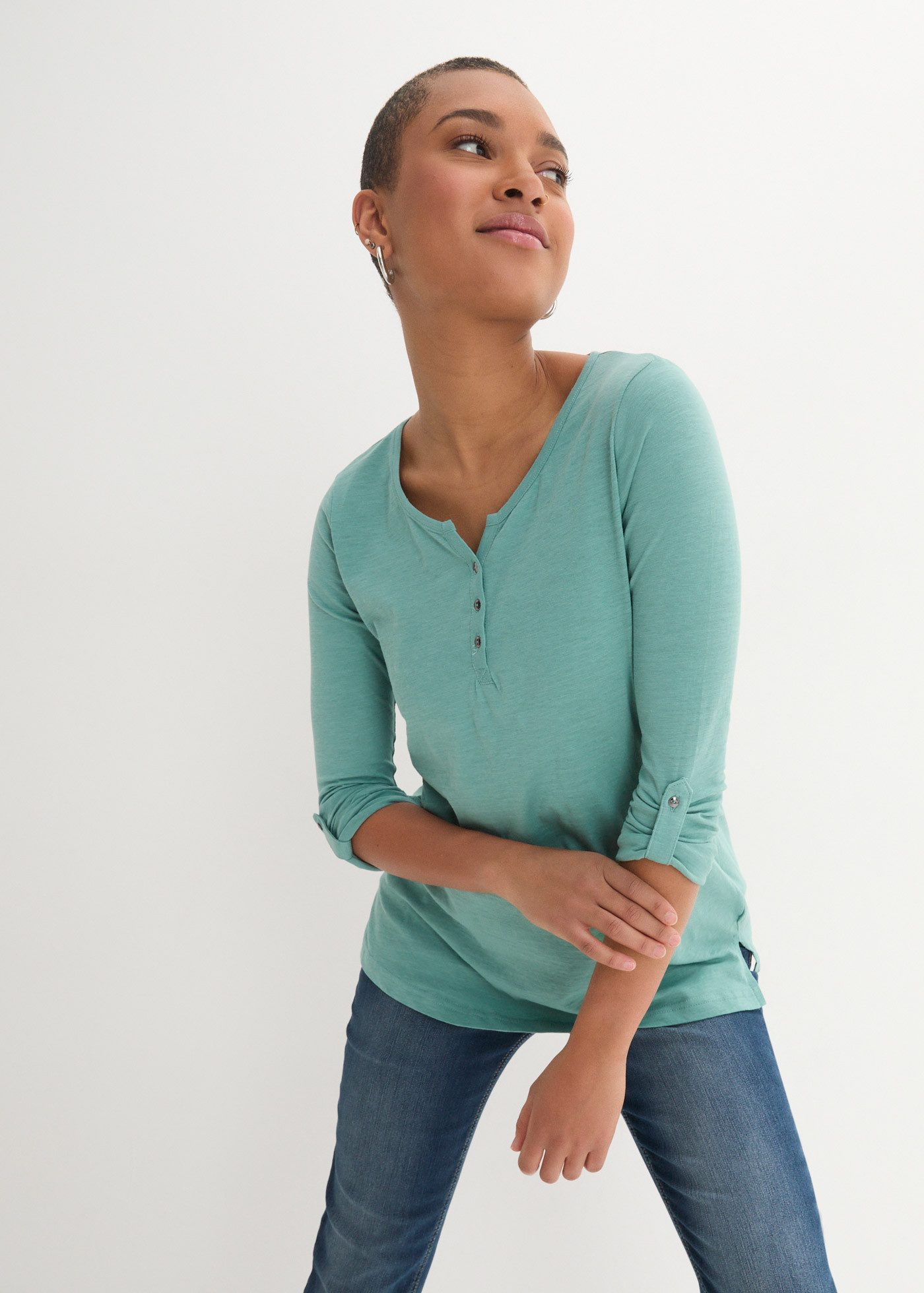bonprix Langarmshirt gerade Passform, Krempelärmel, Henley-Ausschnitt