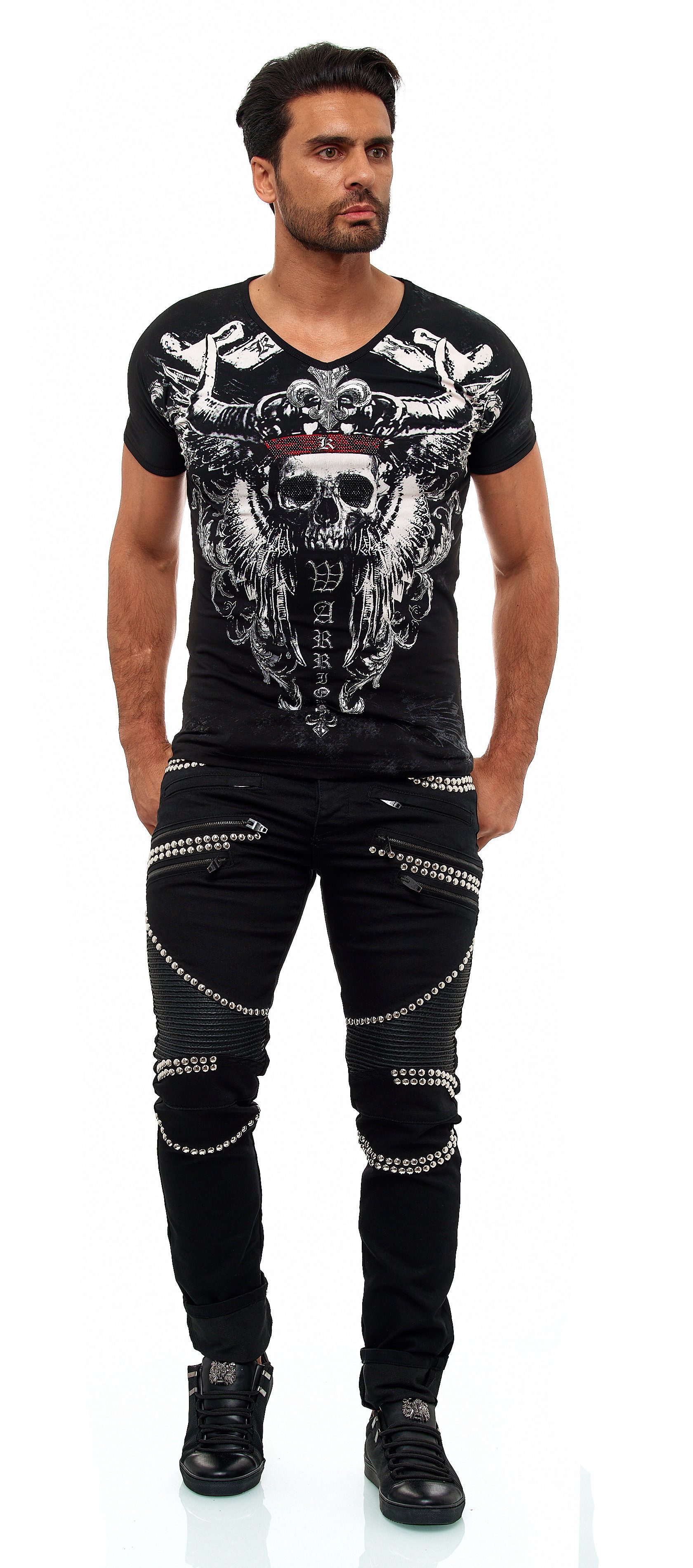 KINGZ Regular-fit-Jeans KINGZ Designer Biker Nietenjeans Schwarz 29/34 günstig online kaufen