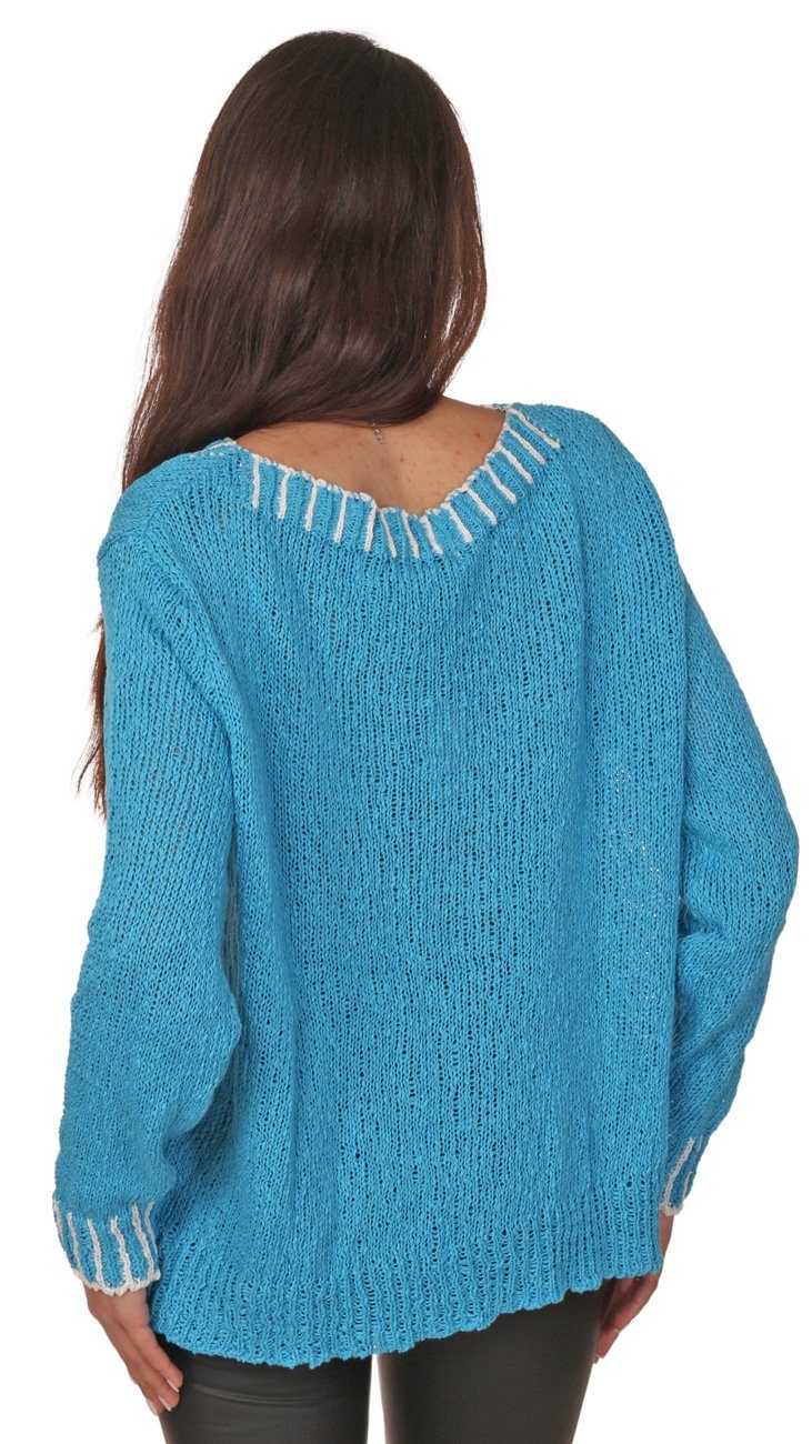 Langarmpullover zweifarbig Rundhalspullover Moda Streifendesign Charis Hellblau