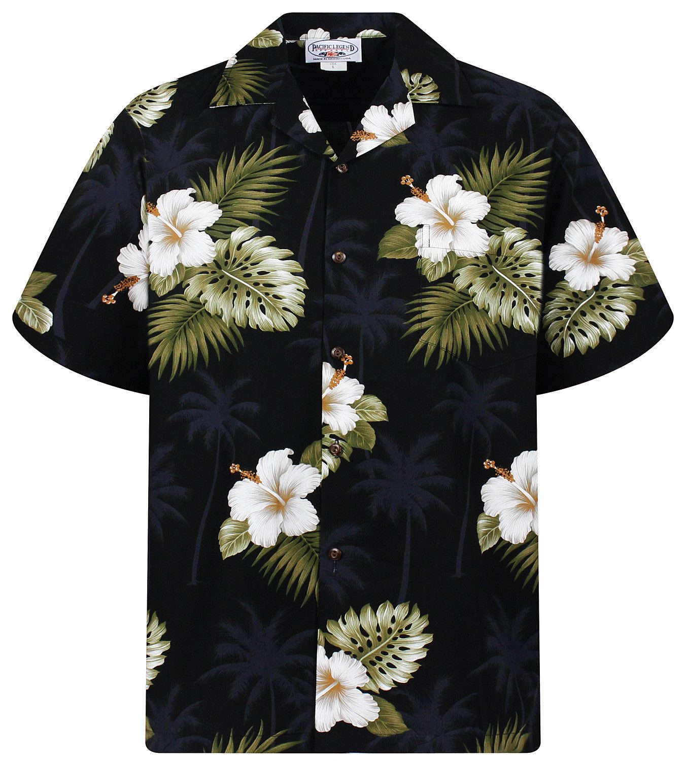 Pacific Legend Hawaiihemd "Weißer Hibiscus" Herren Kurzarm Baumwolle Kokosknöpfe Original Hawaii