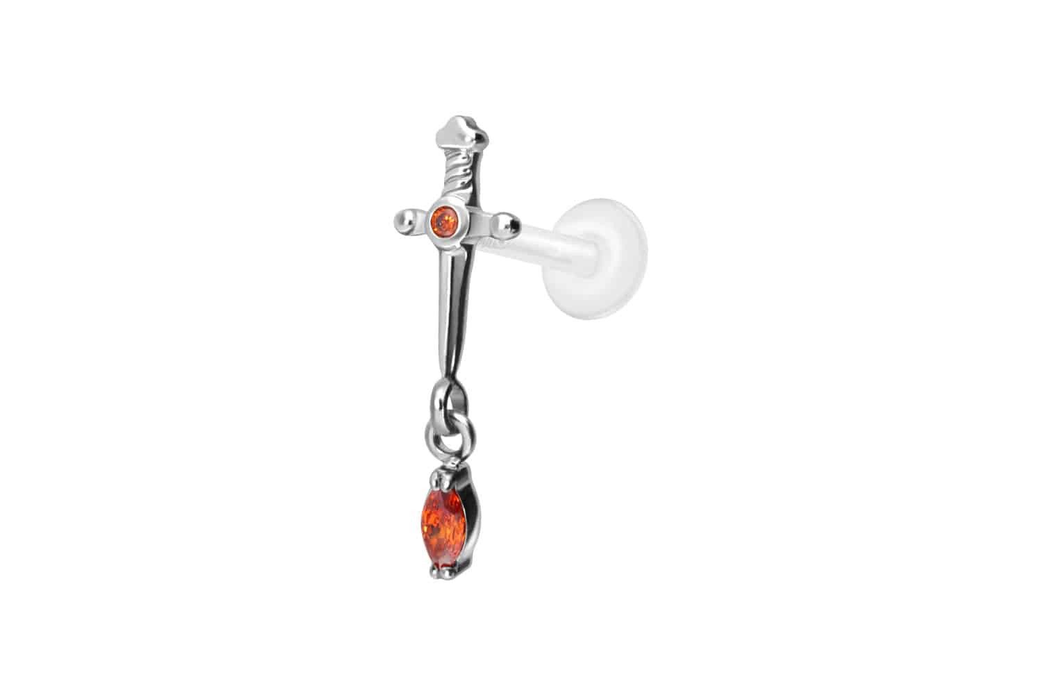 PIERCINGLINE Piercing-Set PTFE Labret mit Innengewinde + Titan-Aufsatz DOLCH + KRISTALLTROPFEN (Labrets, 1-tlg)