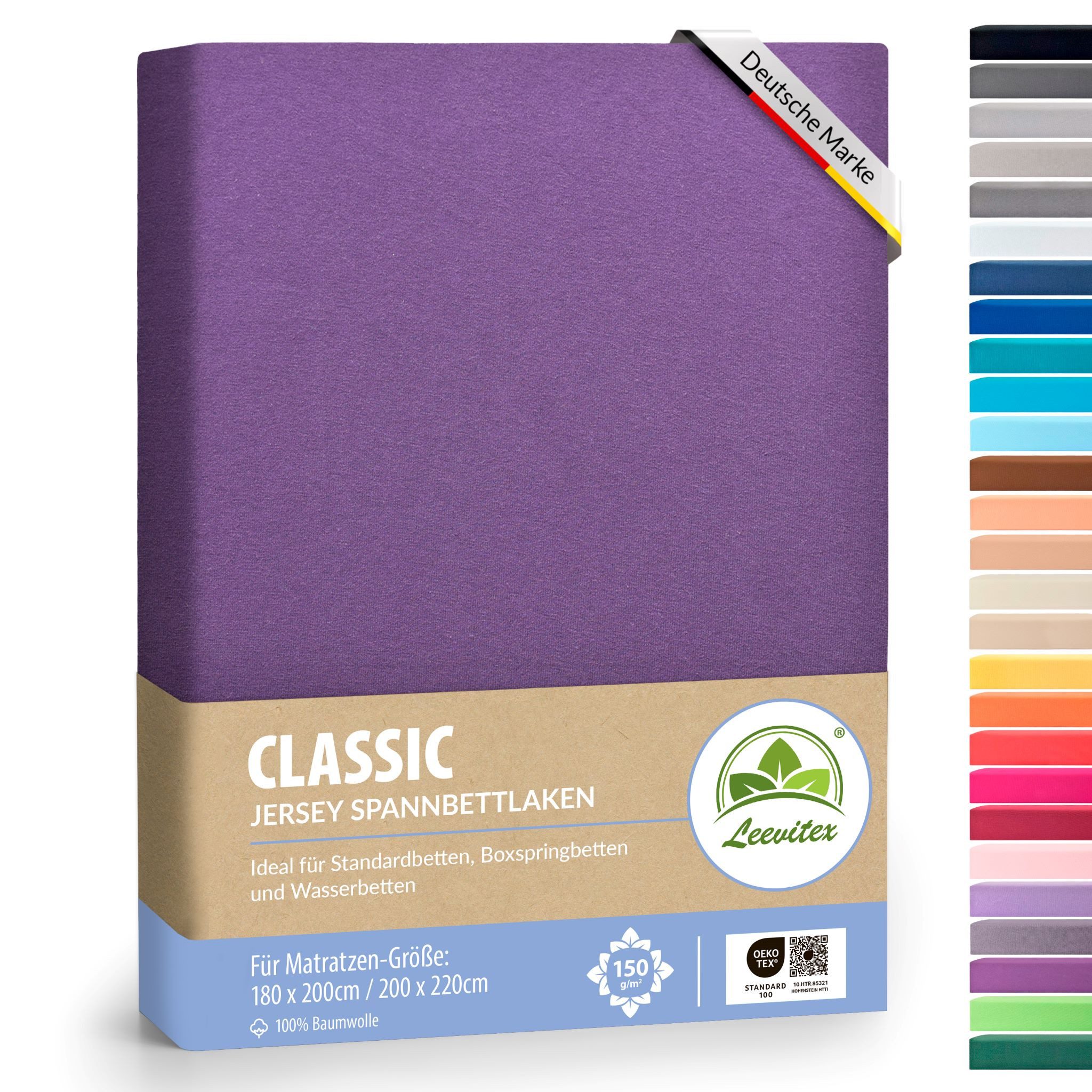 leevitex® Spannbettlaken 180x200 - 200x220 cm, 40 cm Steghöhe, Stoffdicke 150 g/m², Jersey, Gummizug: rundum, (1 Stück), OEKO-TEX® Standard 100 Zertifikatsnummer 10.HTR.85321 zertifiziert