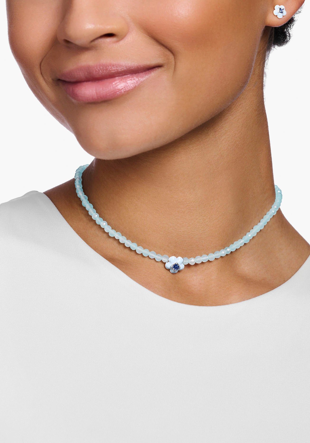 Choker kleinen, Halskette Perlen, SABO rundgeschliffenen KE2182-496-1-L42V, Enganliegende mit THOMAS blauen Stein, Choker Jade-Beads aus Glas-Keramik mit Blume