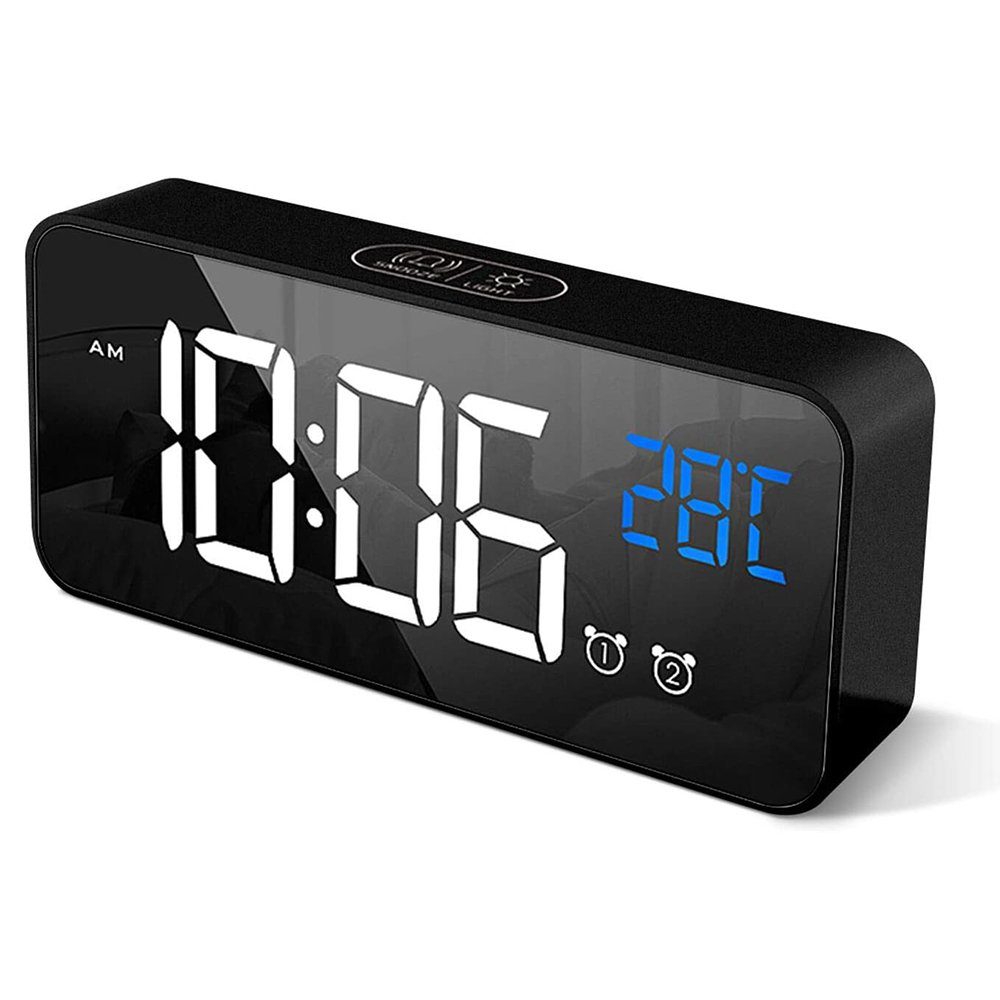 zggzerg Wecker Wecker Digital, Tragbare Spiegel Desktop-Uhr mit LED-Temperaturanzeige Schwarz