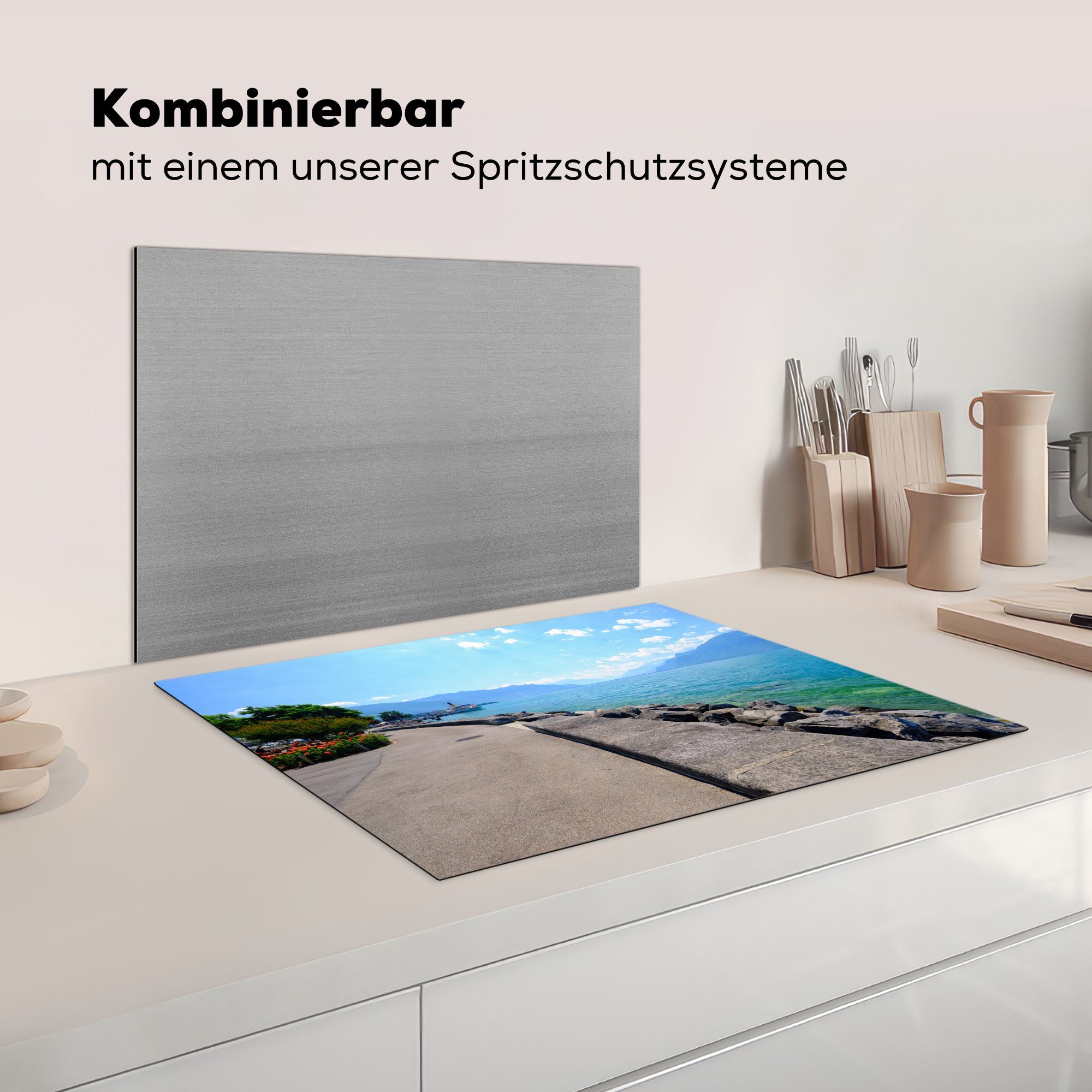 MuchoWow Sees, Genfer Vinyl, Herdblende-/Abdeckplatte blauen Himmel nutzbar, 70x52 des cm, Ceranfeldabdeckung Arbeitsfläche dem Mobile über (1 Blauer Wasser tlg),