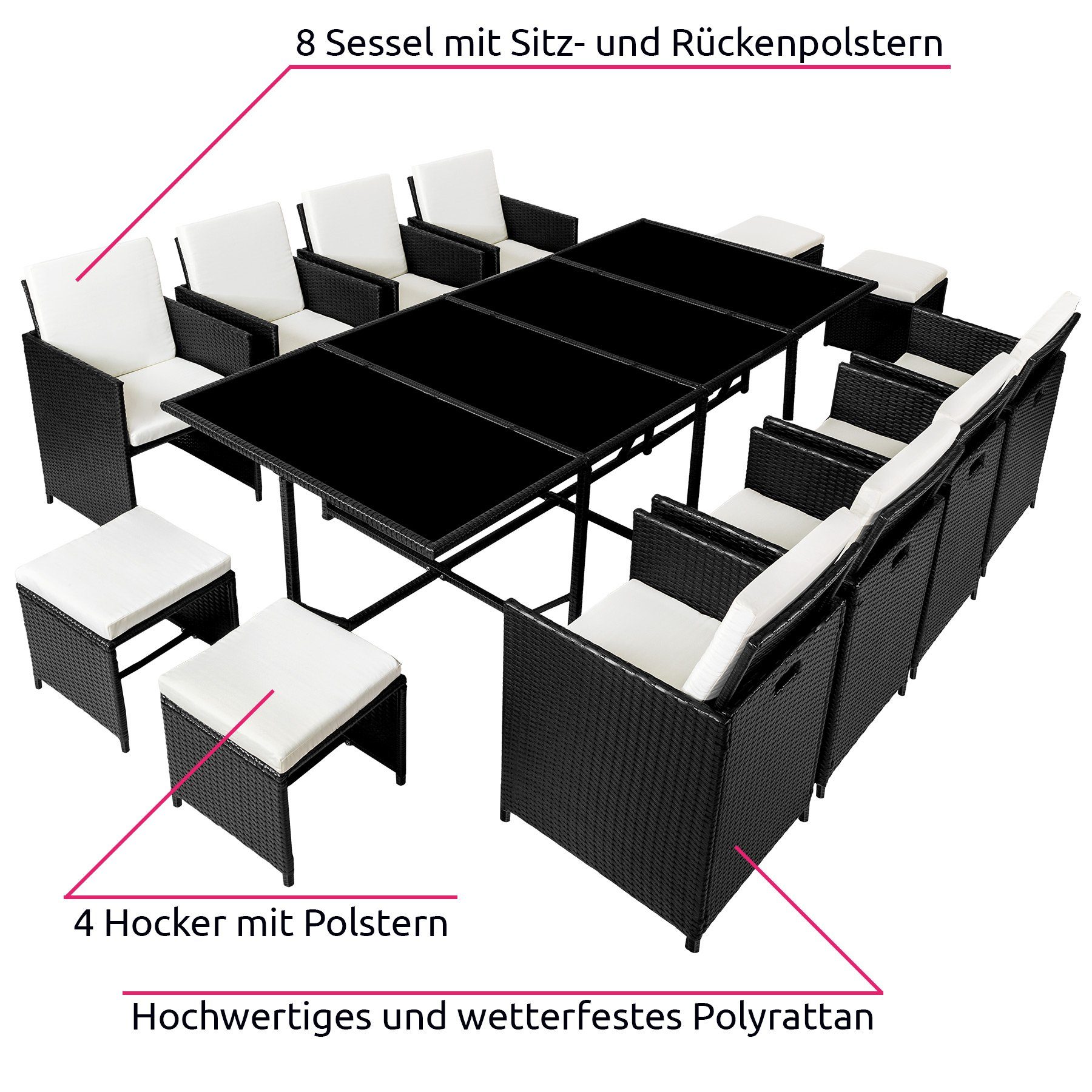 tectake Sitzgruppe Rattan Sitzgruppe Palma 8+4+1 mit Schutzhülle,  (Komplettset, 12-tlg., Set aus Stühlen, Kissen und Esstisch), Glasplatte,  inkl. Kissen, mit Rückenlehne