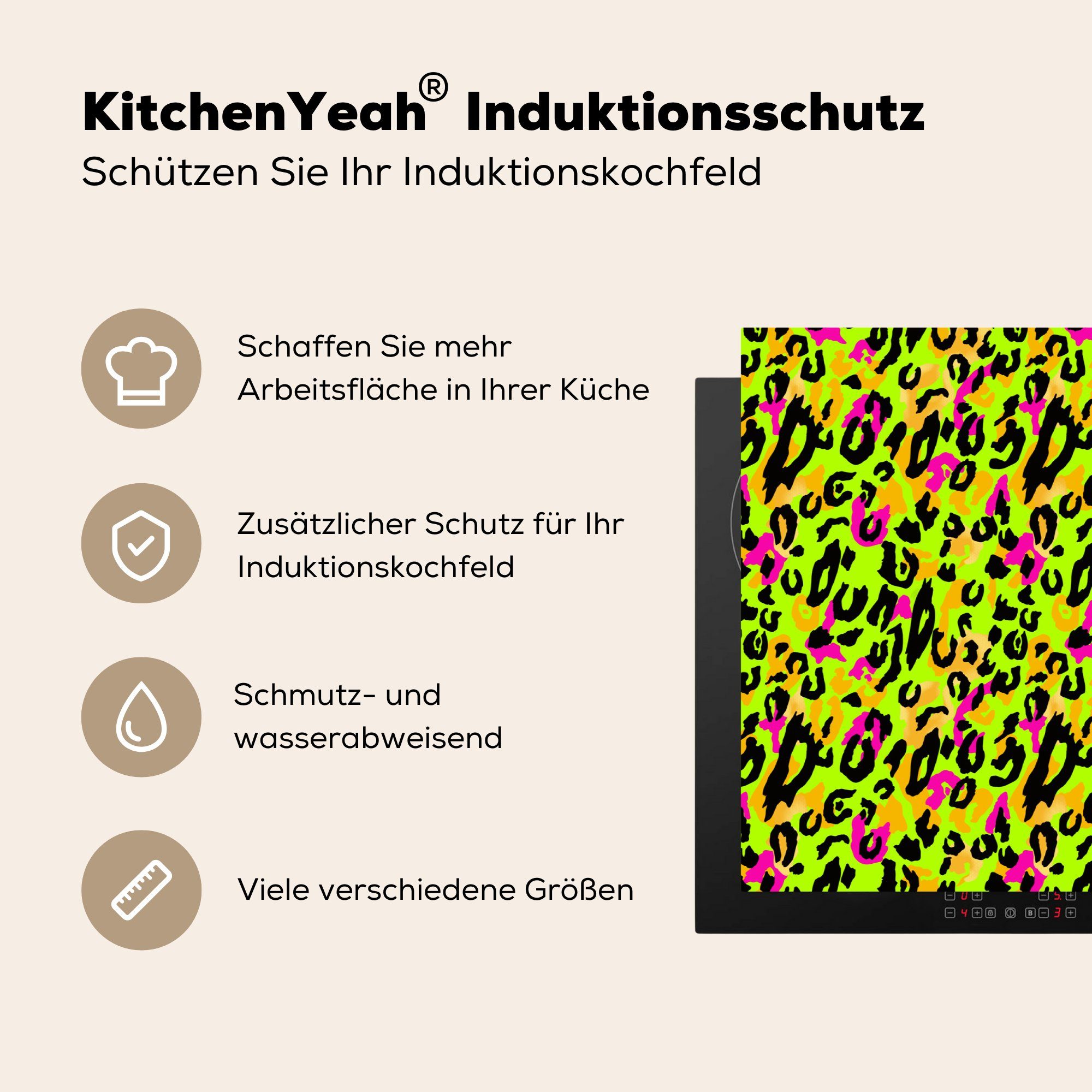 MuchoWow Herdblende-/Abdeckplatte Tiermuster - - Induktionskochfeld küche, die Neon für Ceranfeldabdeckung 81x52 Muster tlg), Schutz cm, - Vinyl, (1 Gelb